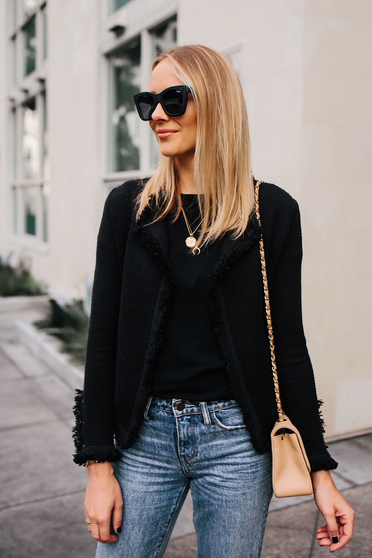 Blonde Woman Wearing Black Tweed Relaxed Jacket Jeans Outfit Chanel Tan Diana Handbag Chanel Slingback Shoes Fashion Jackson San Diego Fashion Blogger Street Style