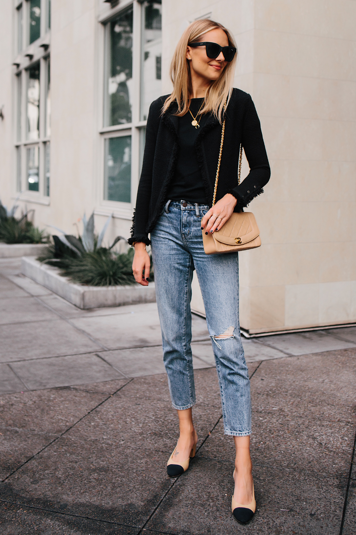 Blonde Woman Wearing Black Tweed Relaxed Jacket Jeans Outfit Chanel Tan Diana Handbag Chanel Slingback Shoes Fashion Jackson San Diego Fashion Blogger Street Style