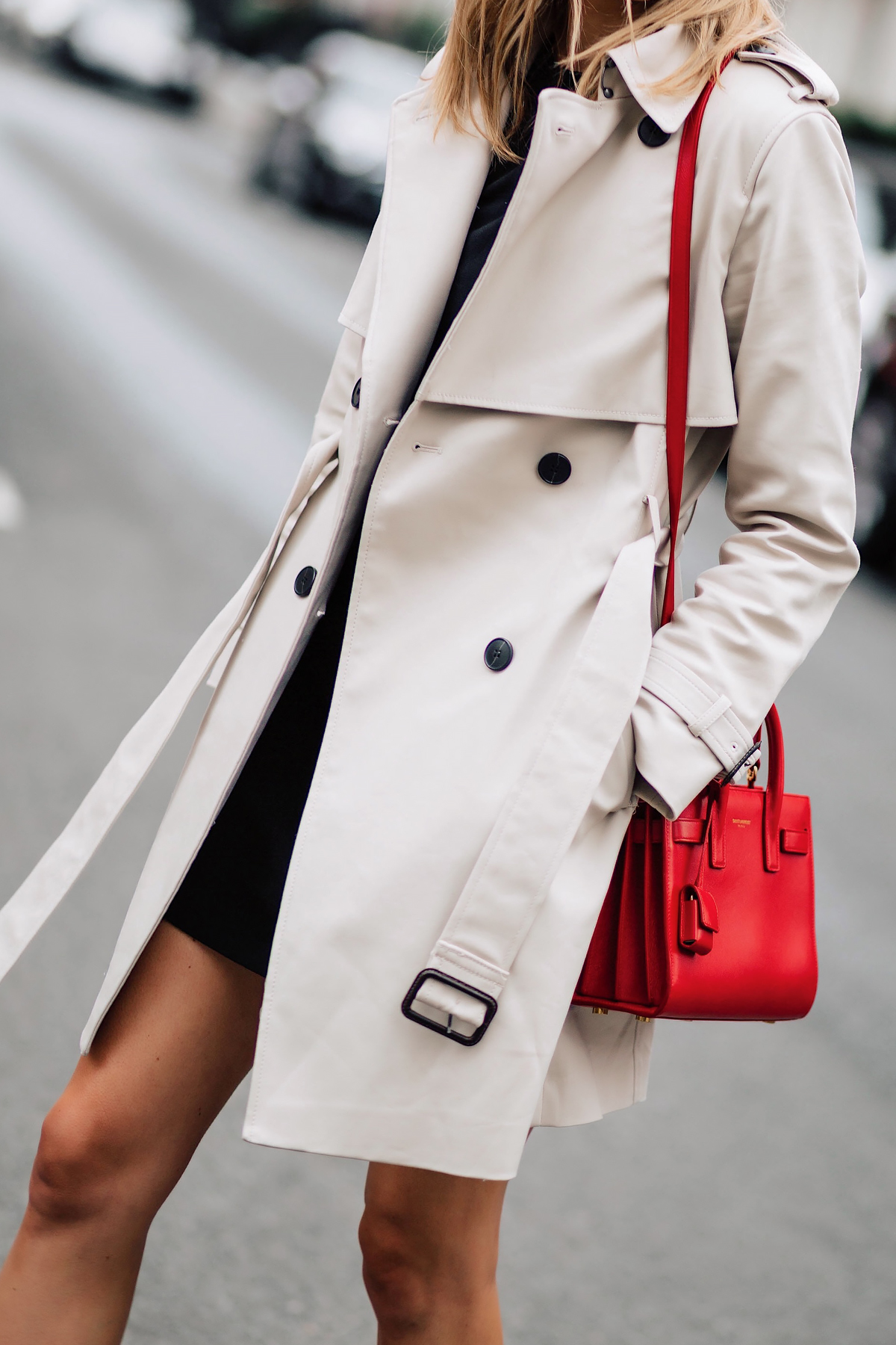 Woman Wearing Club Monaco Trench Coat Black Dress Outfit Red YSL Sac De Jour Handbag Fashion Jackson San Diego Fashion Blogger London Street Style