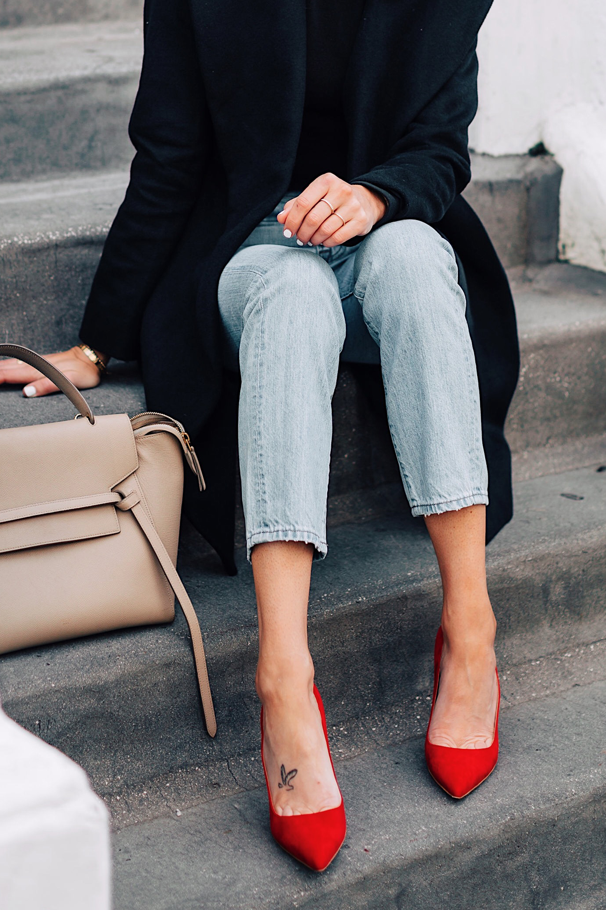 Woman Wearing Manolo Blahnik Red Suede Pumps Black Coat Cropped Denim Jeans Celine Mini Belt Bag Fashion Jackson San Diego Fashion Blogger London Street Style