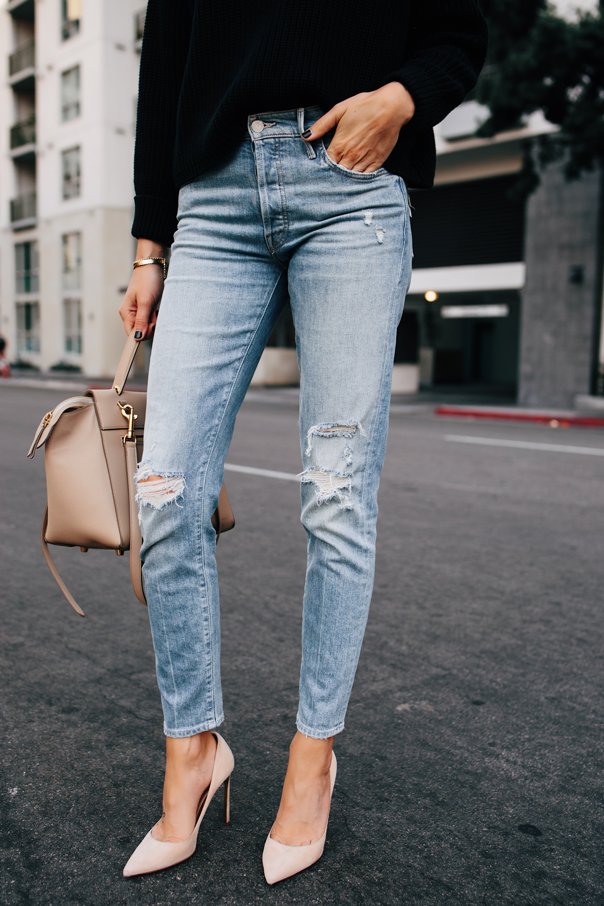 Mother Denim Ripped Jeans Black Sweater Nude Pumps Fashion Jackson San Diego Fashion Blogger Street Style