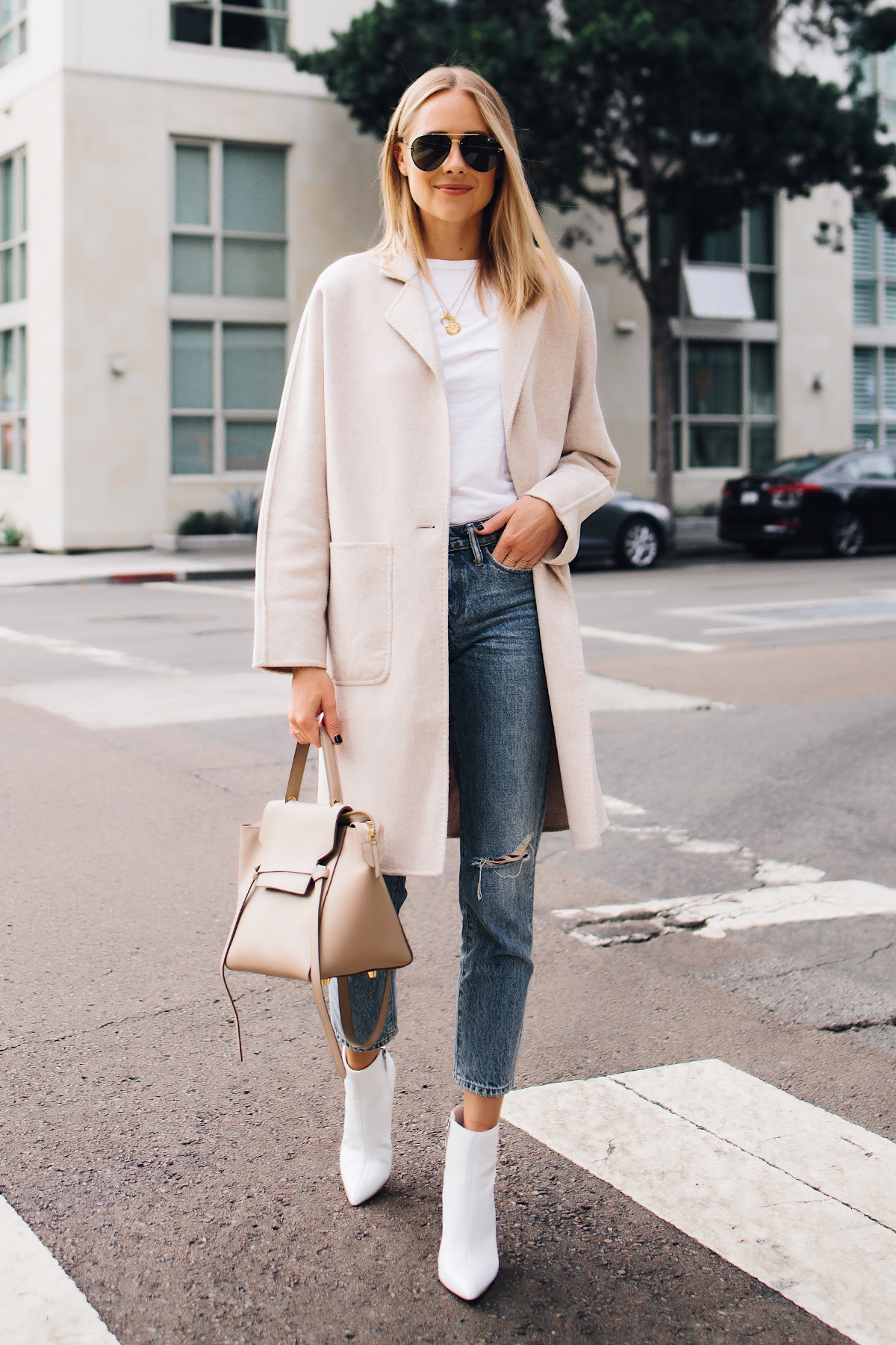Blonde Woman Wearing Rails Beige Wool Coat White Tshirt Ripped Ankle Jeans White Ankle Booties Outfit Celine Mini Belt Bag Taupe Fashion Jackson San Diego Fashion Blogger Street Style