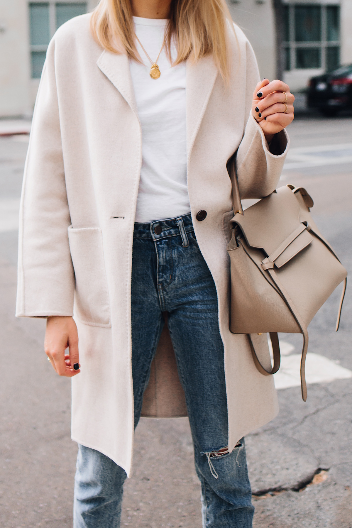 Woman WearingRails Beige Wool Coat White Tshirt Ripped Jeans Outfit Celine Mini Belt Bag Taupe Fashion Jackson San Diego Fashion Blogger Street Style
