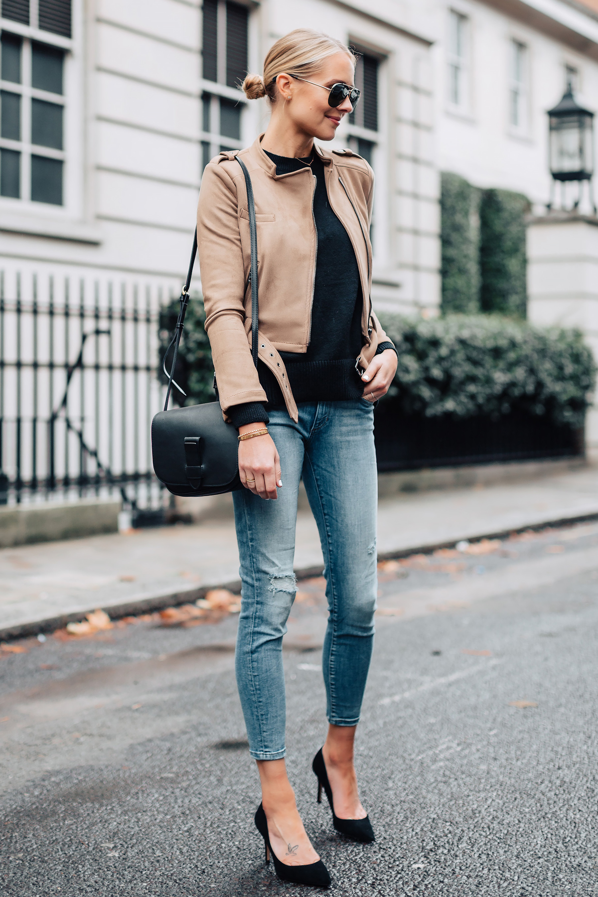 Blonde Woman Wearing Tan Suede Moto Jacket Black Sweater Denim Skinny Jeans Black Pumps Black Handbag Fashion Jackson San Diego Fashion Blogger London Street Style