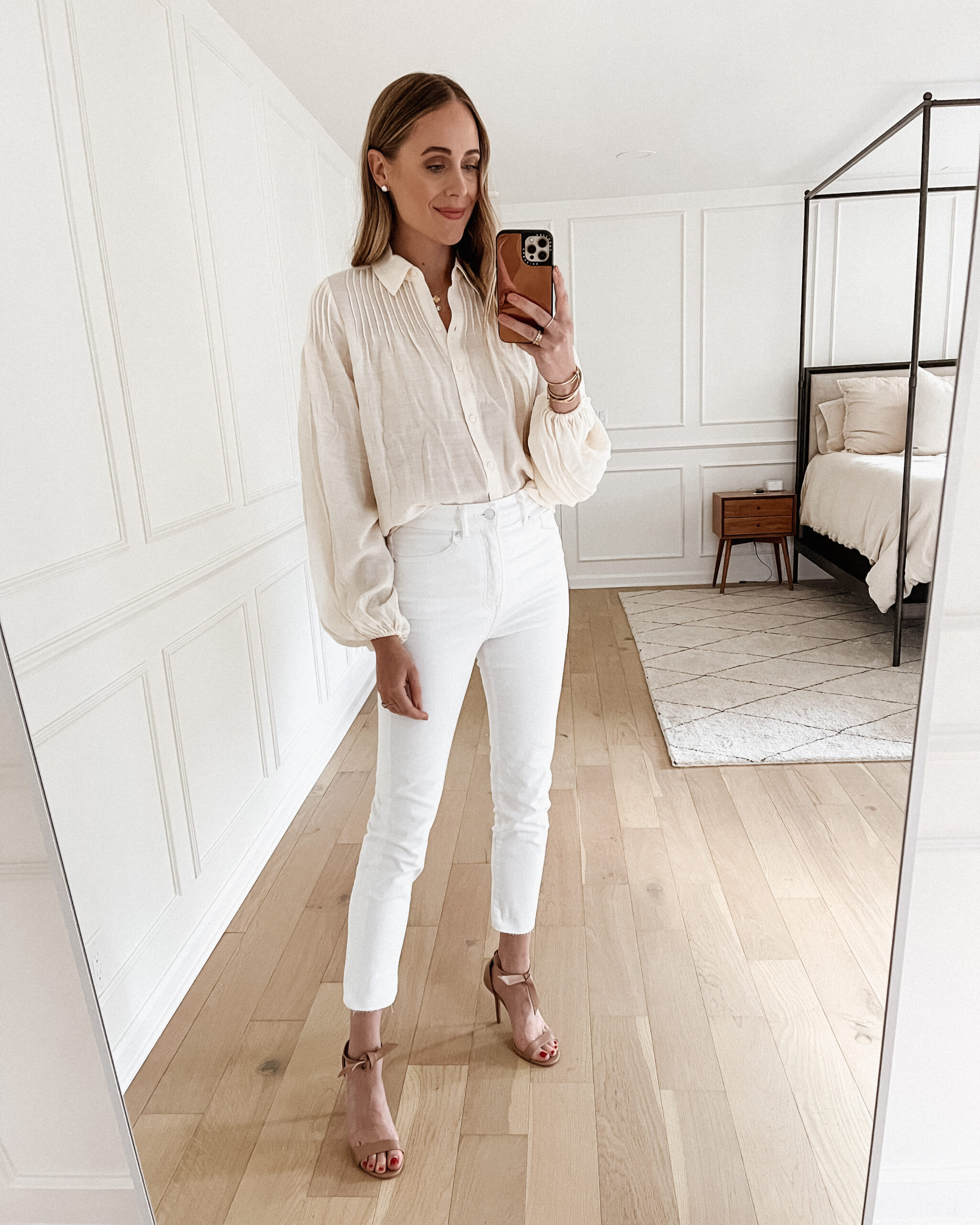 Fashion Jackson Wearing Express Ivory Long Sleeve Blouse White Jeans Tan Heeled Sandals Womens Workwear Outfit Ideas