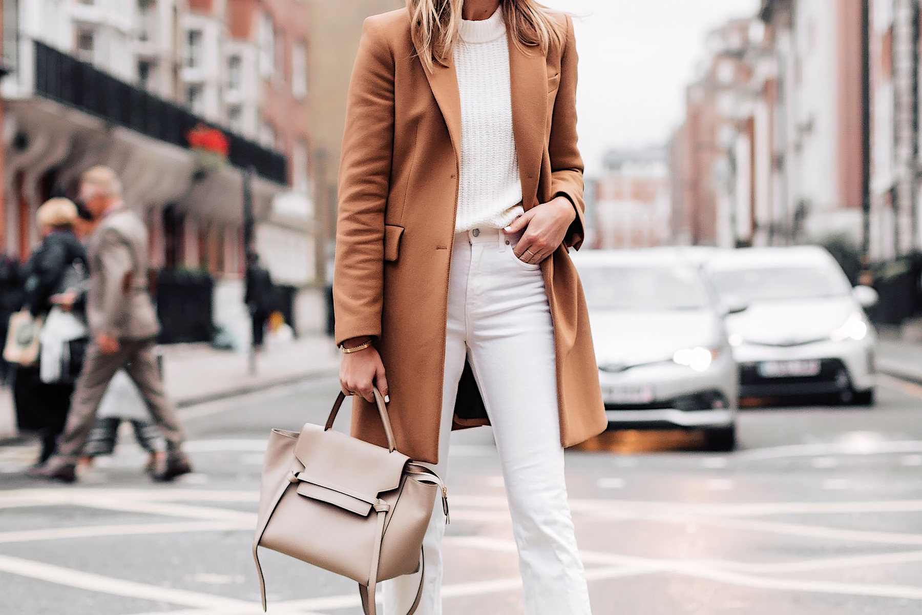Woman Wearing Zara Camel Coat White Sweater White Jeans Celine Mini Belt Bag Taupe Fashion Jackson San Diego Fashion Blogger London Street Style