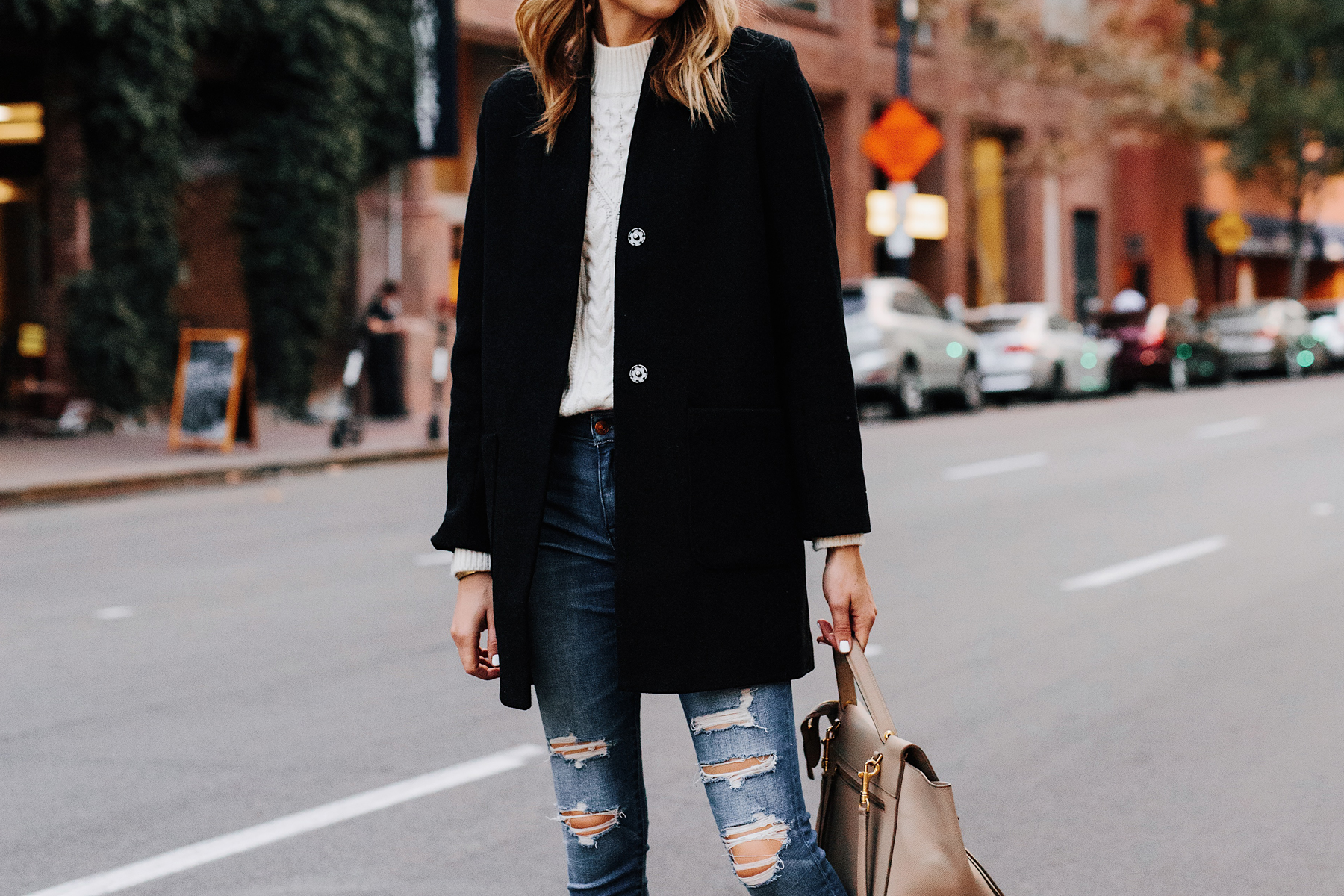 Blonde Woman Wearing Abercrombie Black Wool Coat Cable Knit White Sweater Denim Ripped Skinny Jeans Outfit Fashion Jackson San Diego Fashion Blogger Street Style