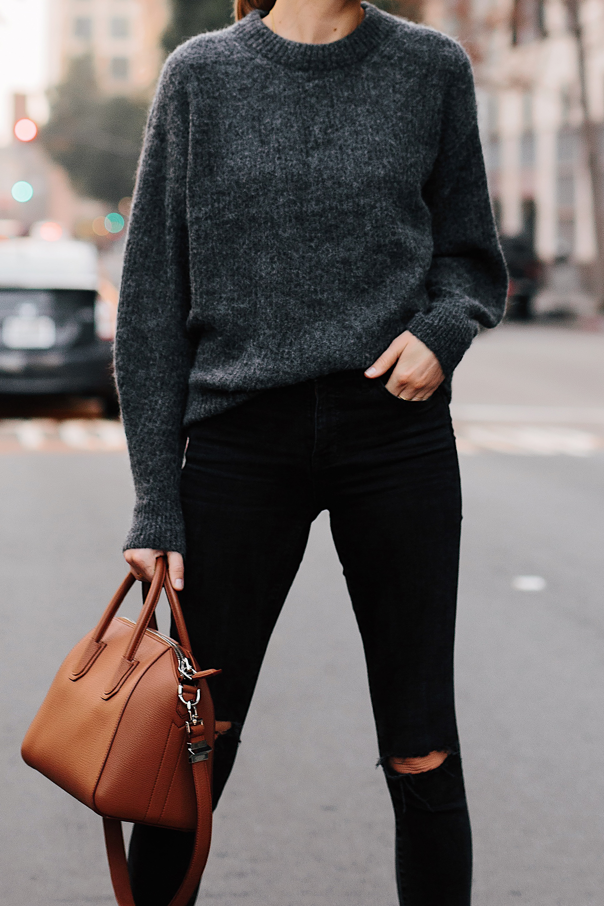 Woman Wearing Everlane Alpaca Dark Grey Sweater Black Ripped Skinny Jeans Tan Satchel Handbag Fashion Jackson San Diego Fashion Blogger Street Style