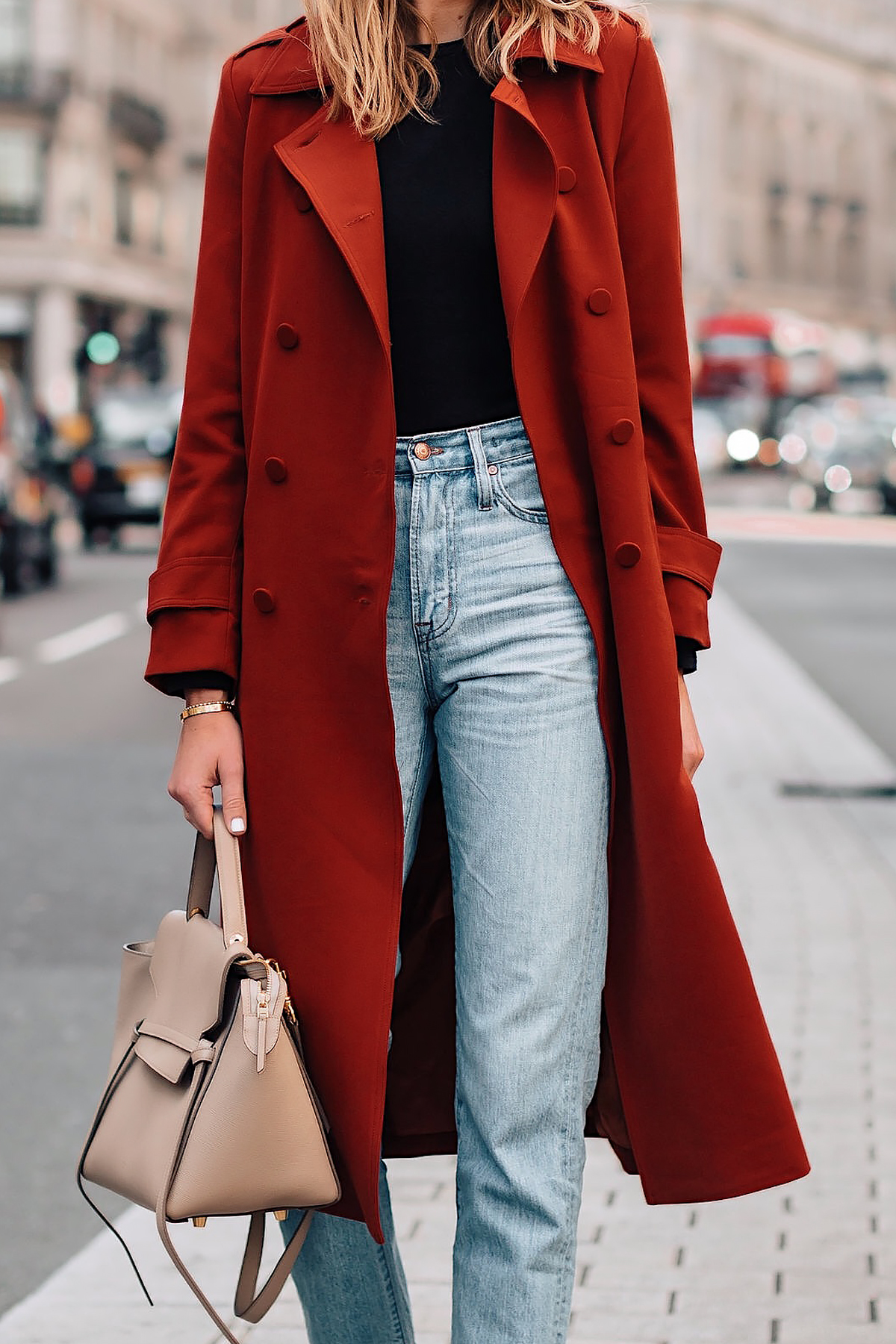 Woman Wearing Red Trench Coat Black Top Jeans Outfit Fashion Jackson San Diego Fashion Blogger London Street Style