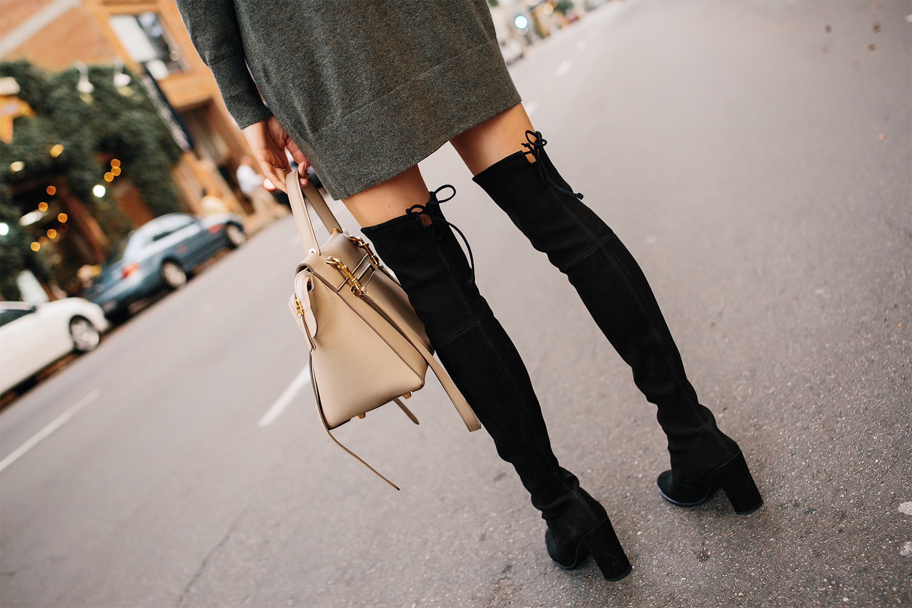 Woman Wearing Stuart Weitzman Black Over the Knee Boots Sweater Dress Fashion Jackson San Diego Fashion Blogger Street Style