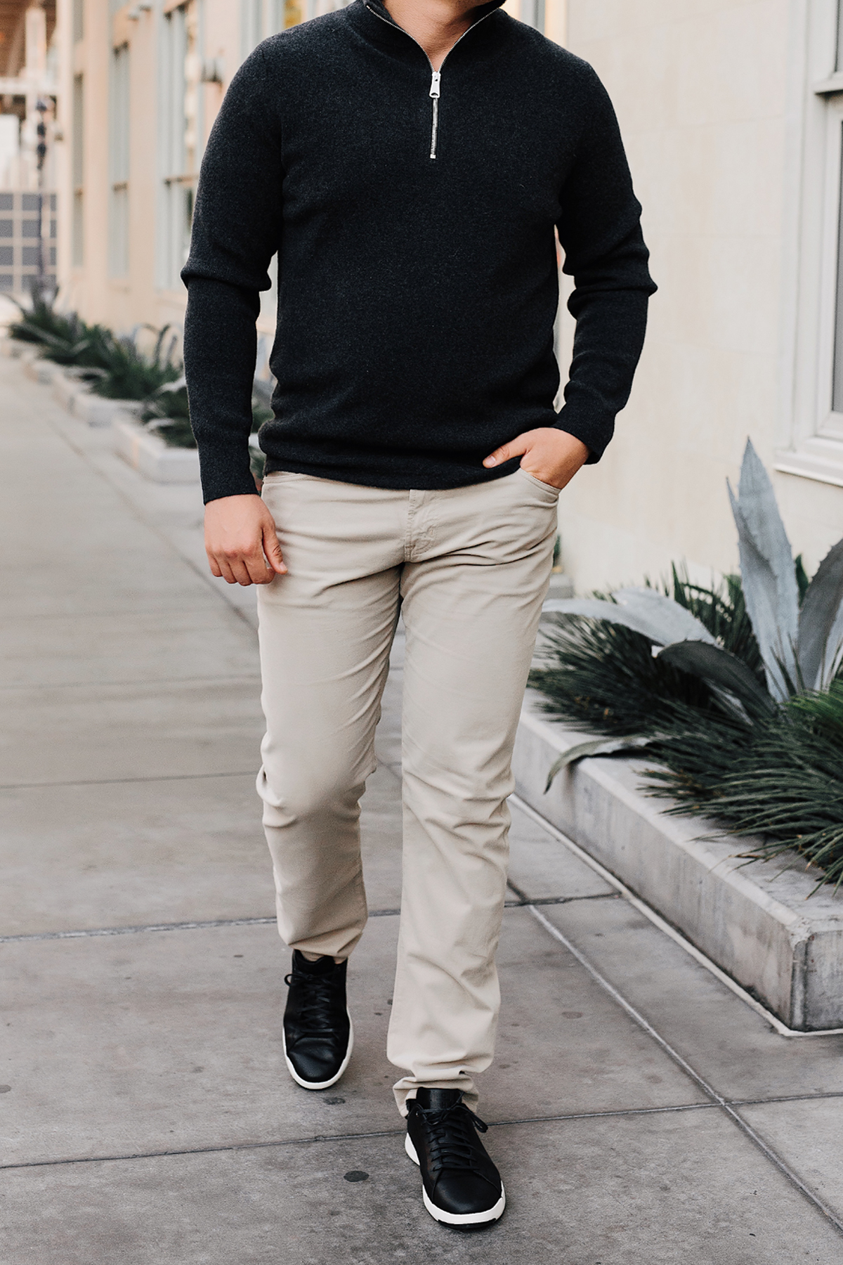 Mens Fashion Blogger Wearing Burberry Quarter Zip Cashmere Sweater AG Tan Twill Pants Cole Haan Black Sneakers