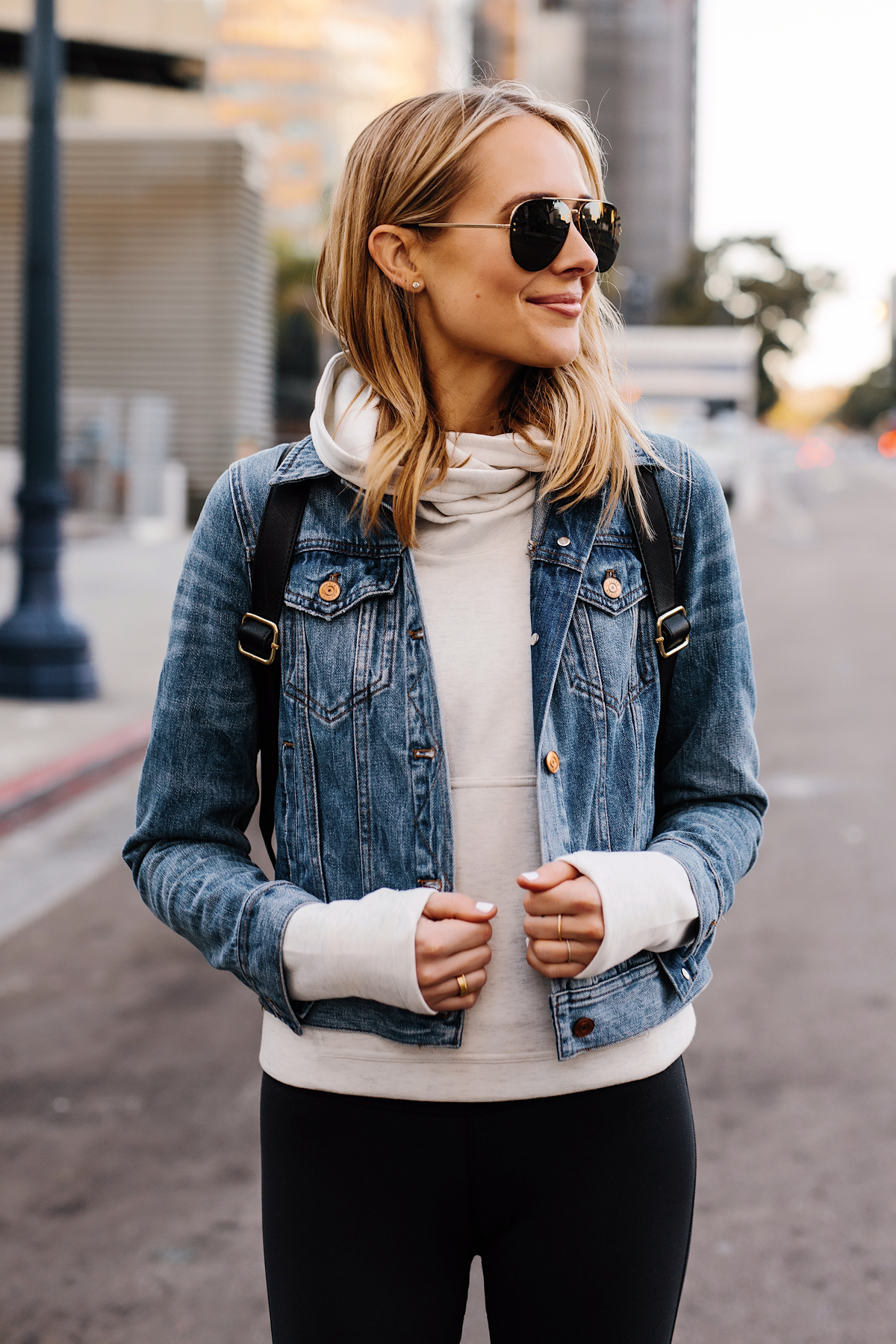 Fashion Jackson Athleisure Outfit Wearing Denim Jacket Grey Sweatshirt Black Leggings Aviator Sunglasses Fashion Jackson San Diego Fashion Blogger Street Style