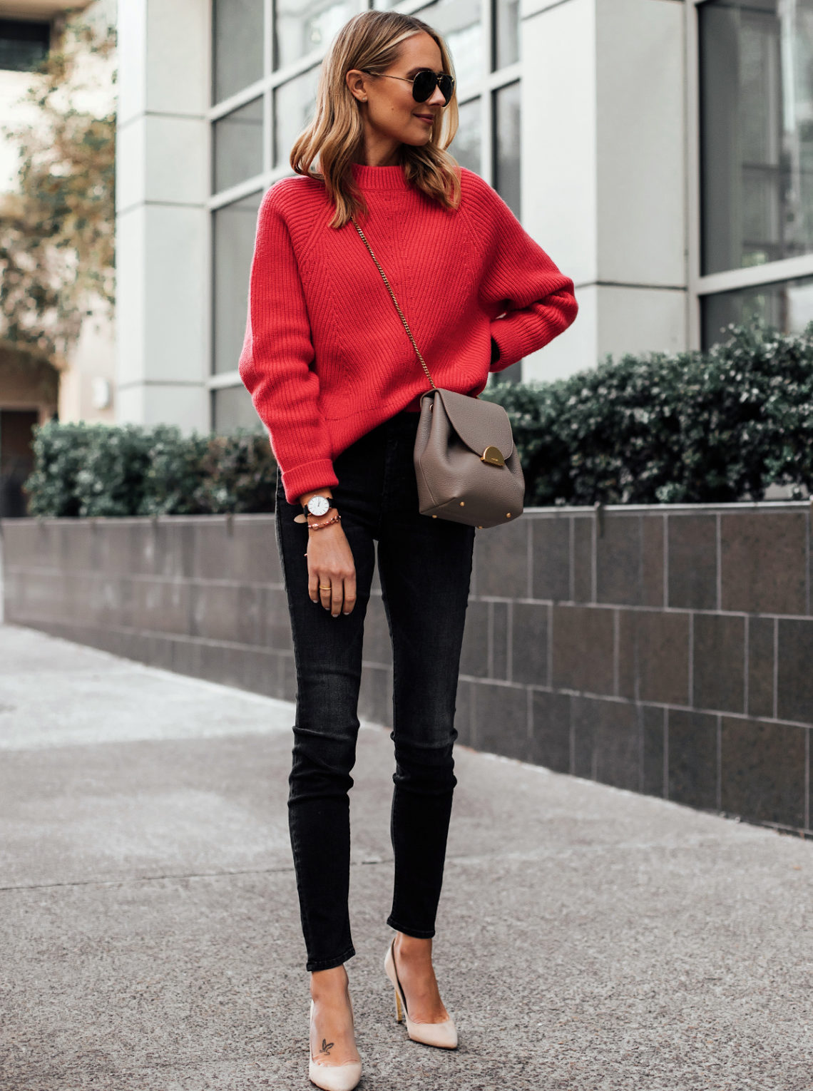 Blonde Woman Wearing AllSaints Red Sweater Mother Looker Black Jeans Nude Pumps Polene Taupe Handbag Fashion Jackson San Diego Fashion Blogger Street Style