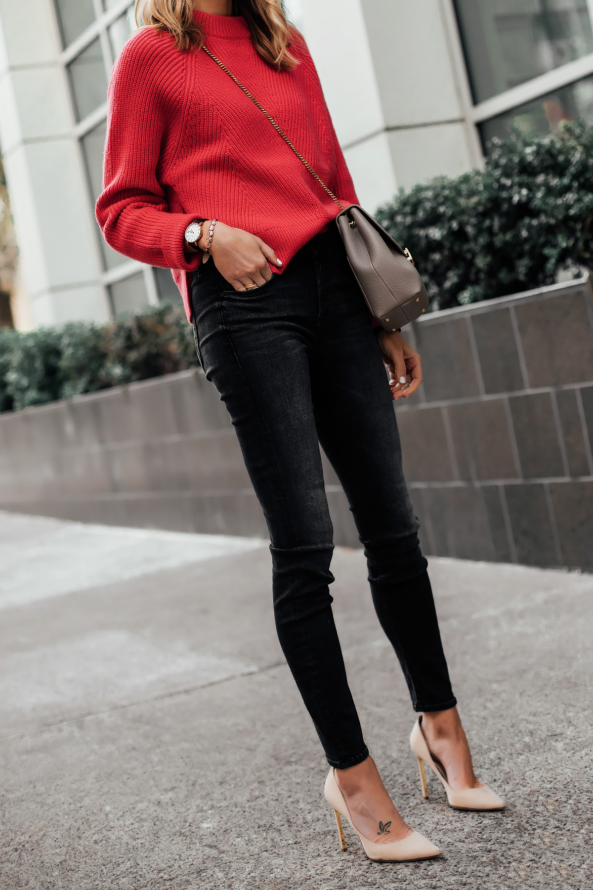 Red Coat Stripped sweater denim shirt nude heels outfit st…