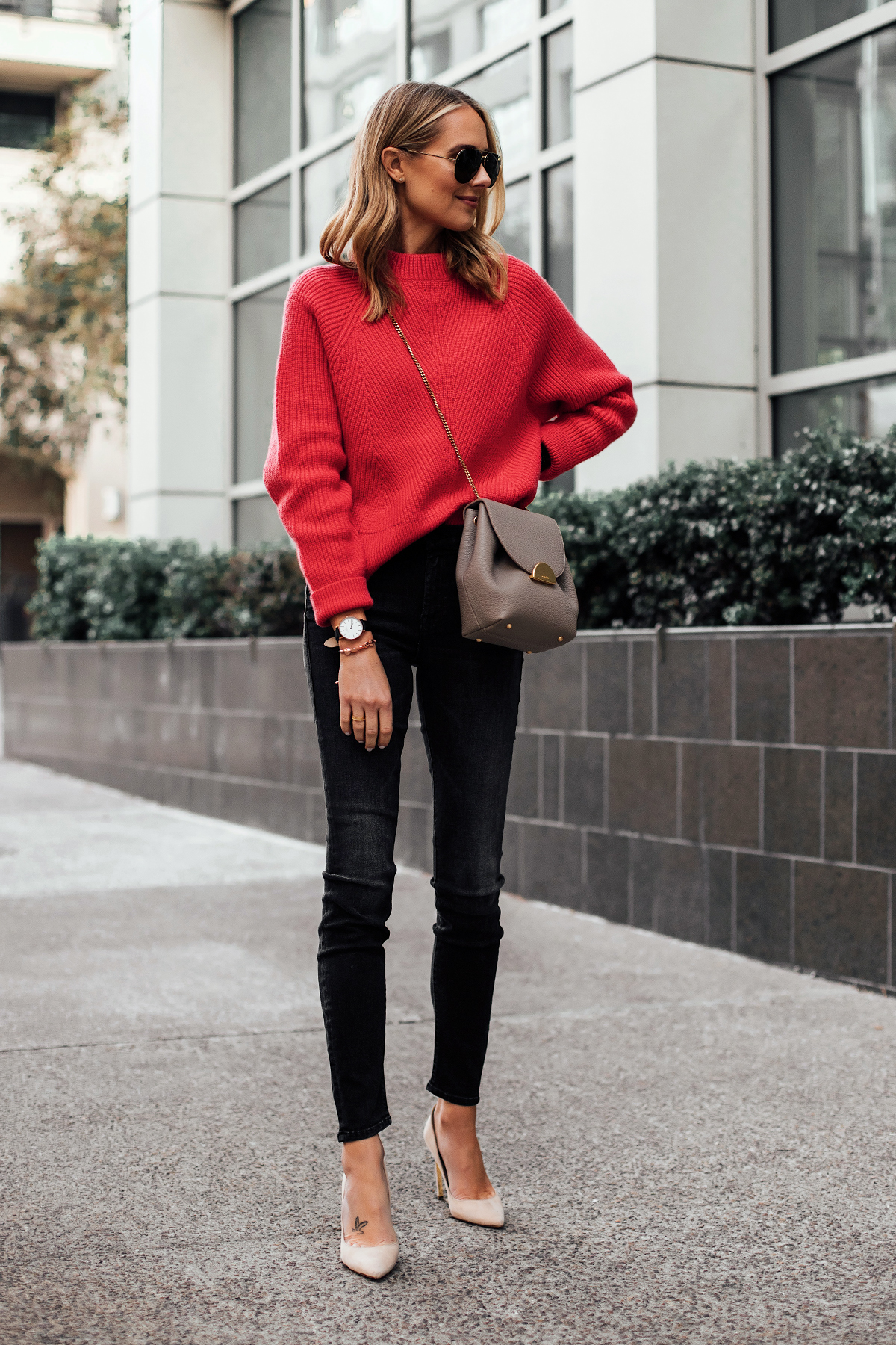 Blonde Woman Wearing AllSaints Red Sweater Mother Looker Black Jeans Nude Pumps Polene Taupe Handbag Fashion Jackson San Diego Fashion Blogger Street Style