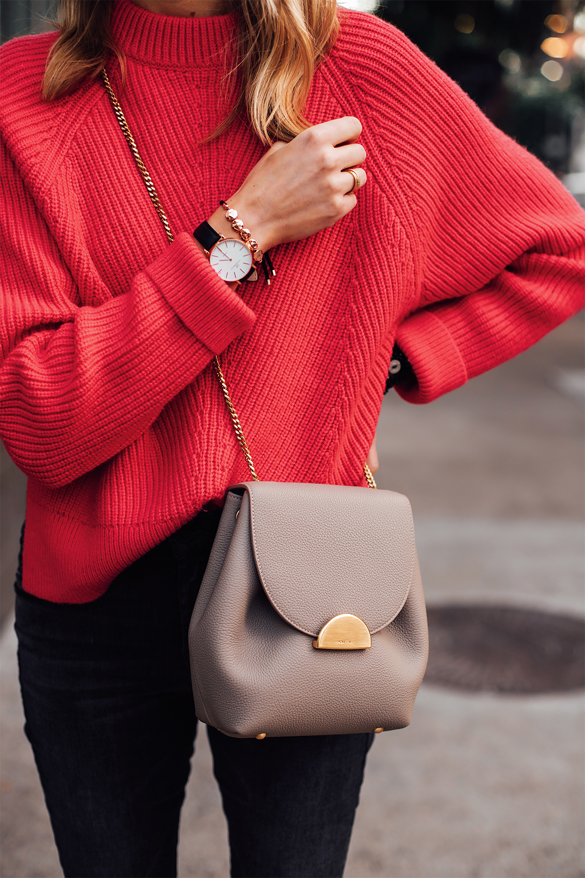 Blonde Woman Wearing AllSaints Red Sweater Polene Taupe Crossbody Handbag Victoria Emerson Black Rose Gold Watch Rose Gold Beaded Bracelet Fashion Jackson San Diego Fashion Blogger Street Style