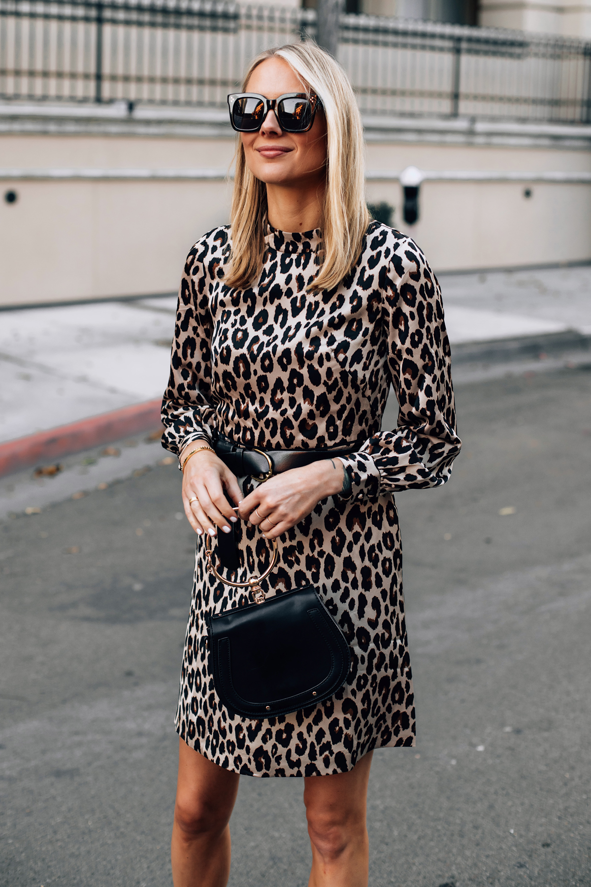 Blonde Woman Wearing Ann Taylor Leopard Dress with Black Belt Fashion Jackson San Diego Fashion Blogger Street Style