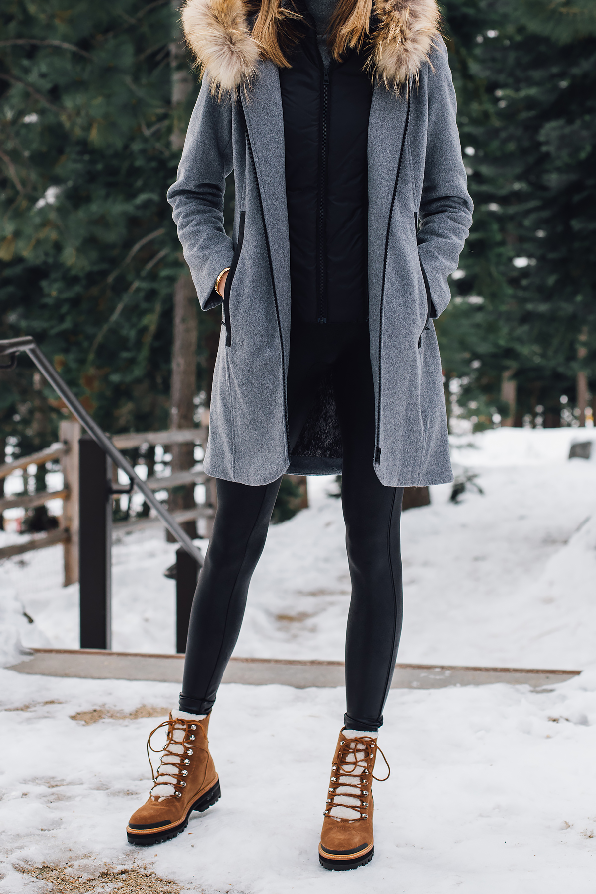 Blonde Woman Wearing Grey Wool Coat with Faux Fur Hood Spanx Black Faux Leather Leggings Brown Shearling Booties Outfit Fashion Jackson San Diego Fashion Blogger Lake Tahoe Winter Outfit