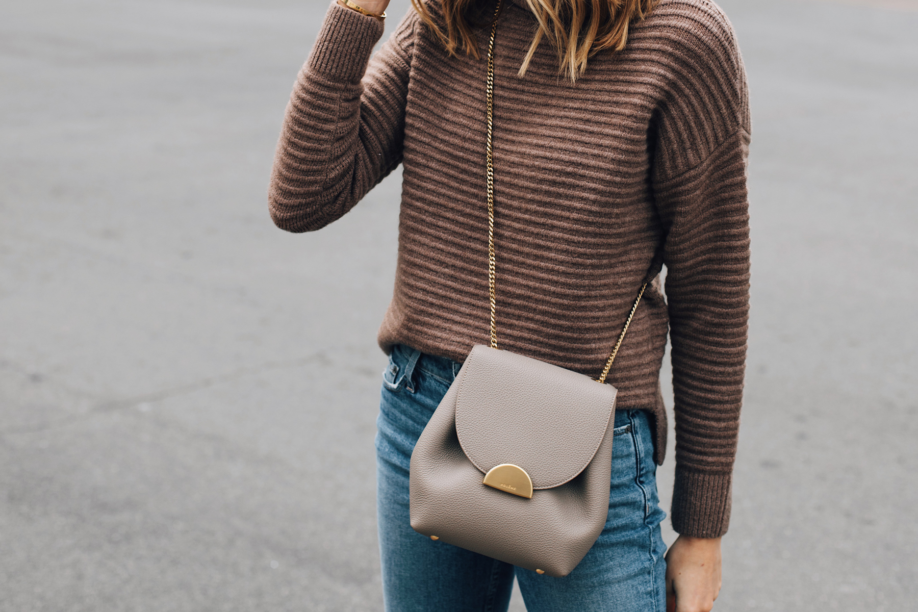 Woman Wearing Madewell Brown Sweater Polene Grey Handbag Fashion Jackson San Diego Fashion Blogger Street Style