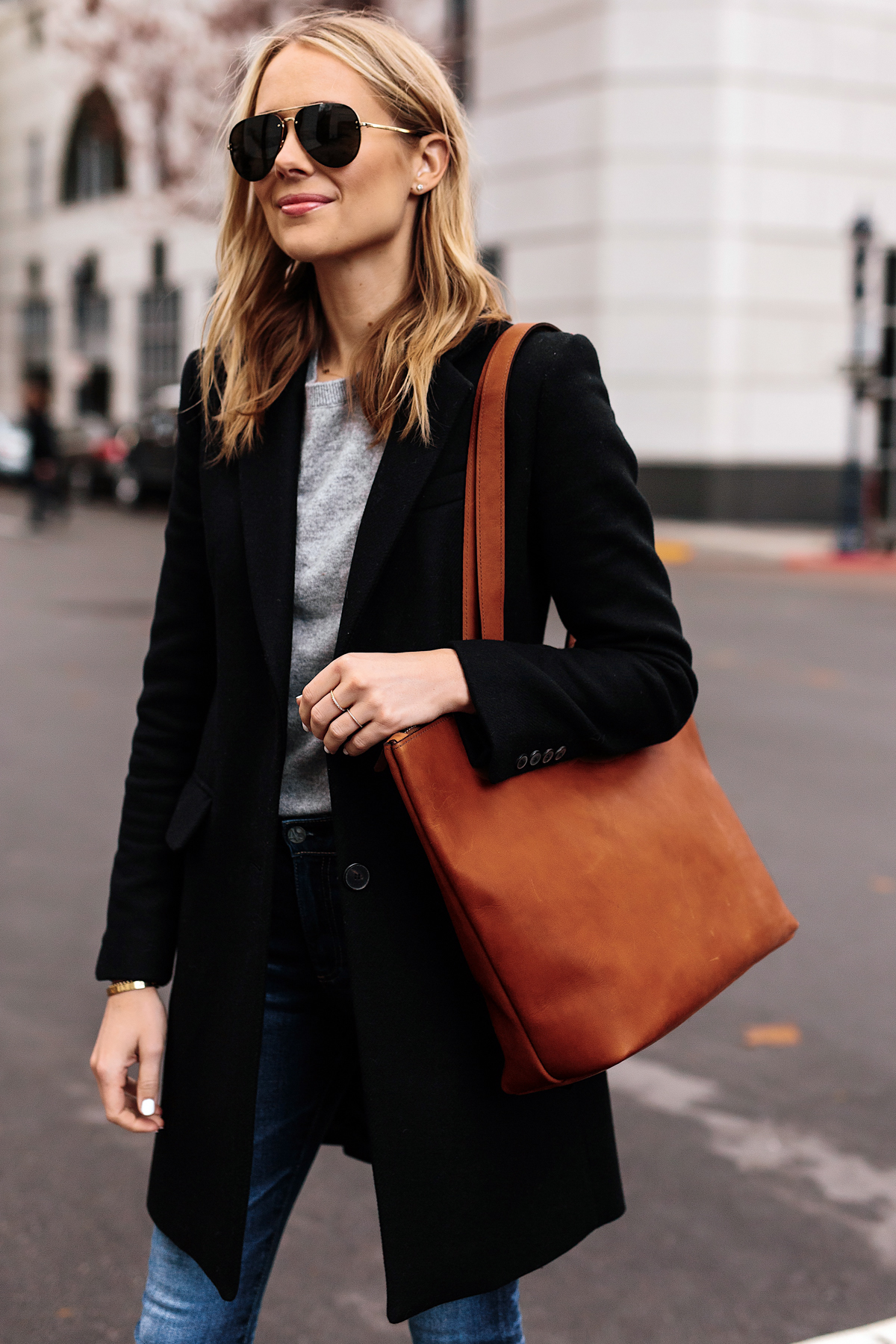 Blonde Woman Wearing SLATE Cognac Tote Black Wool Coat Grey Sweater Denim Skinny Jeans Outfit Fashion Jackson San Diego Fashion Blogger Street Style