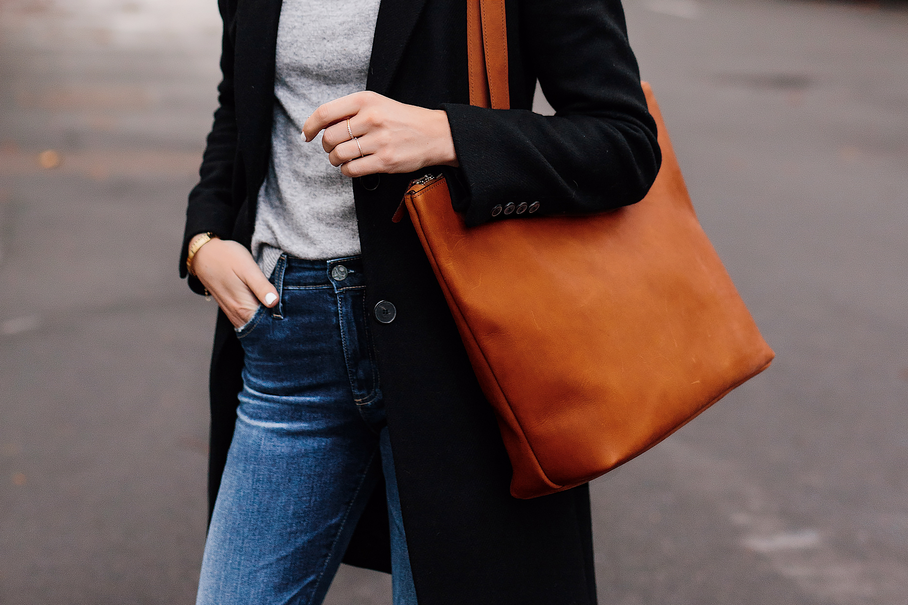 Woman Wearing SLATE Cognac Tote Black Wool Coat Grey Sweater Denim Skinny Jeans Outfit Fashion Jackson San Diego Fashion Blogger Street Style