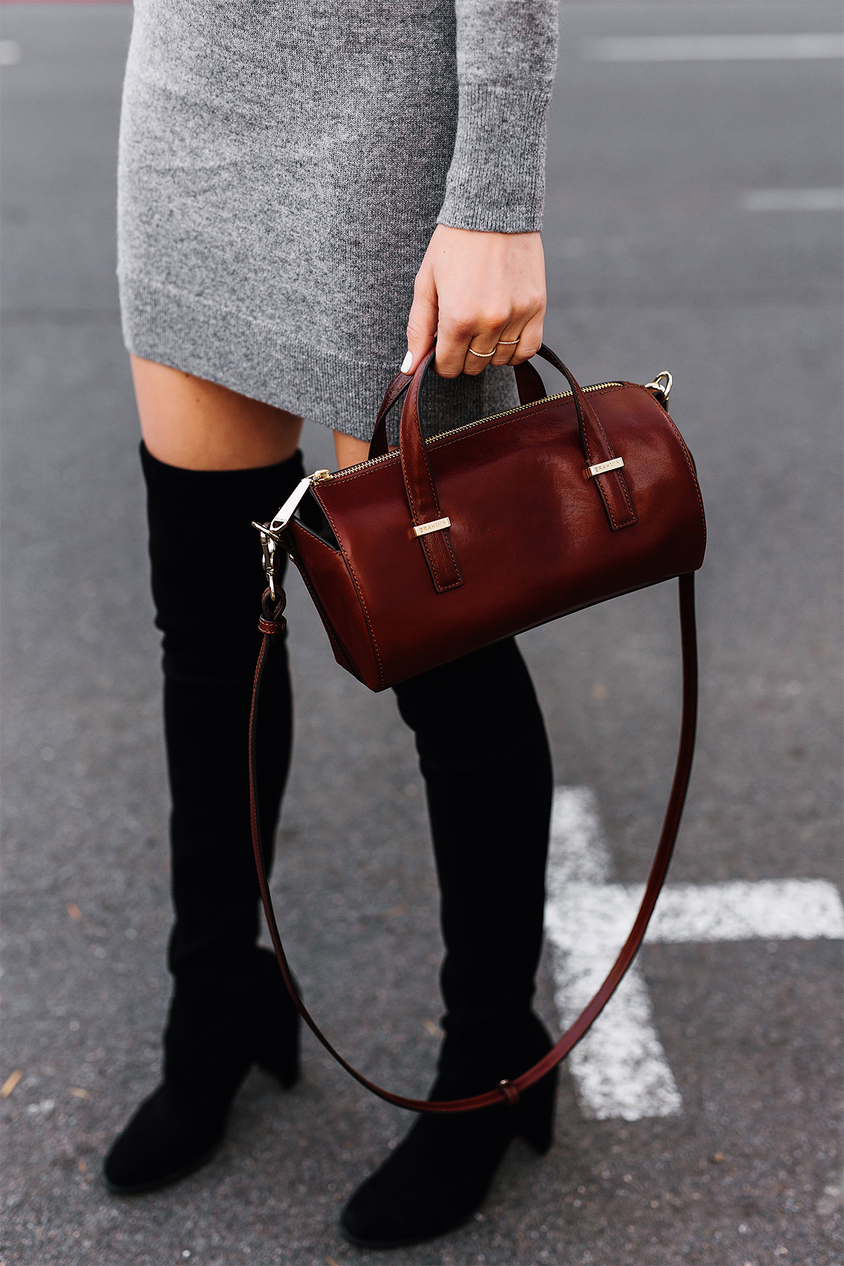 Woman Wearing Stuart Weitzman Black Over the Knee Boots Brahmin Brown Crossbody Handbag Grey Sweater Dress Fashion Jackson San Diego Fashion Blogger Street Style