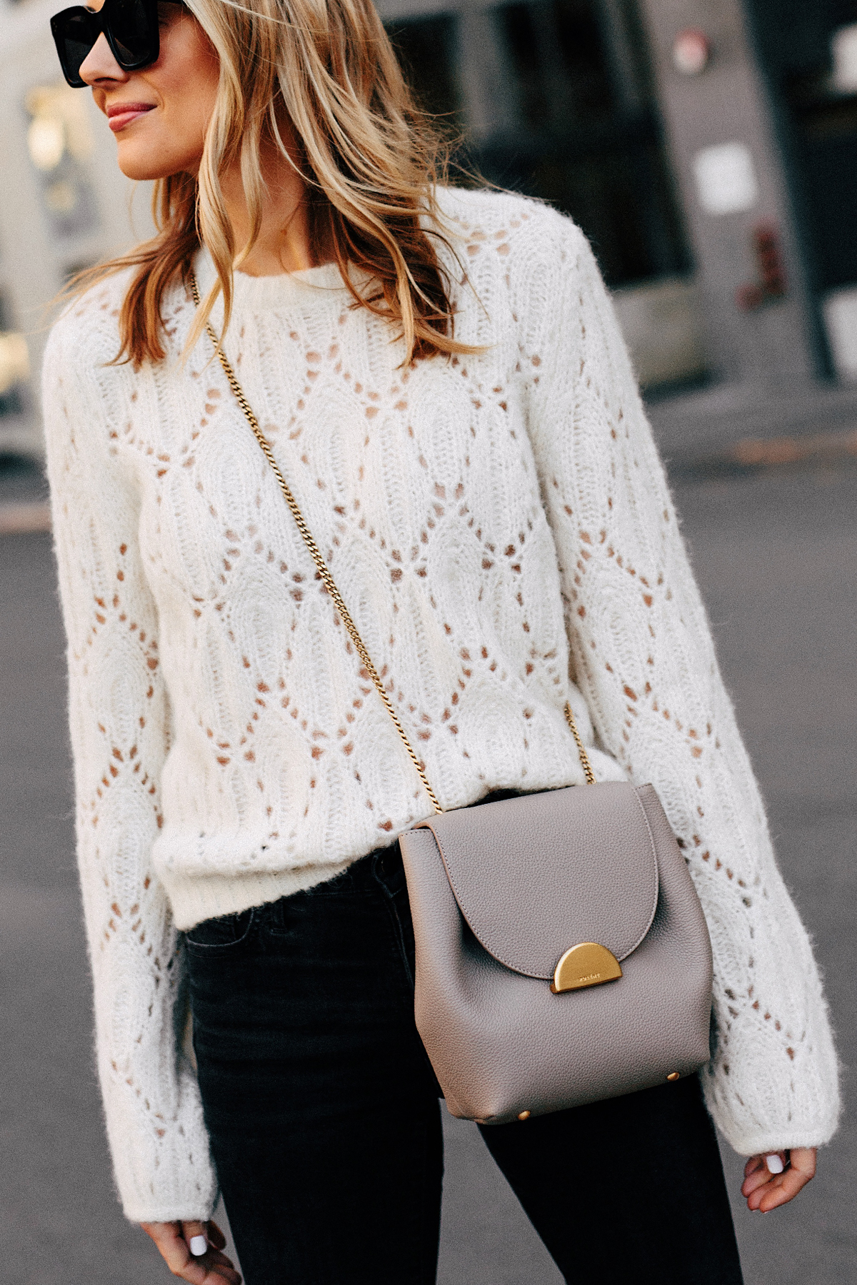 Fashion Jackson Wearing White Pointelle Sweater Black Skinny Jeans Polene Grey Handbag Fashion Jackson San Diego Fashion Blogger Street Style