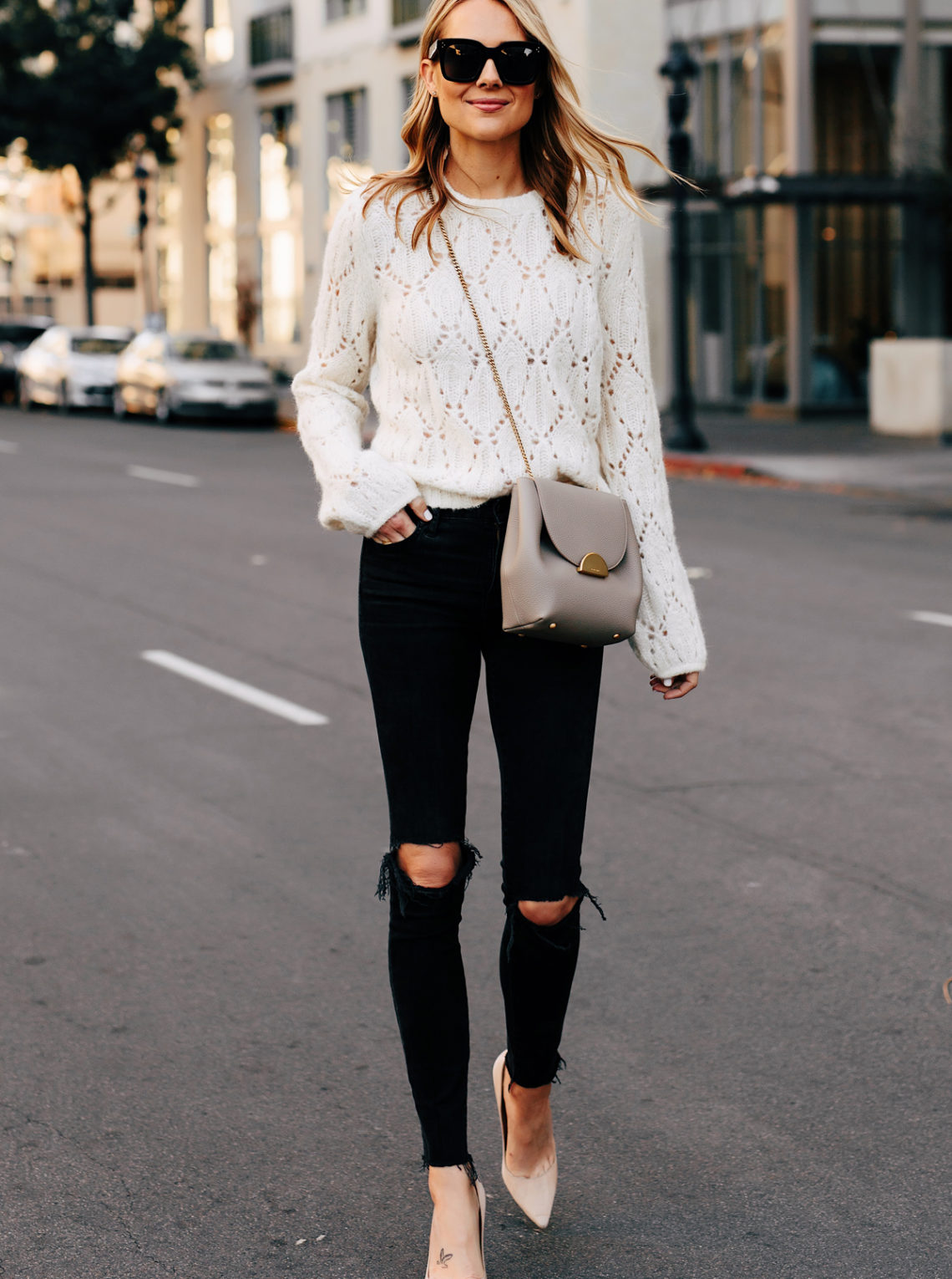 Blonde Woman Wearing White Pointelle Sweater Black Skinny Jeans Polene Grey Handbag Fashion Jackson San Diego Fashion Blogger Street Style