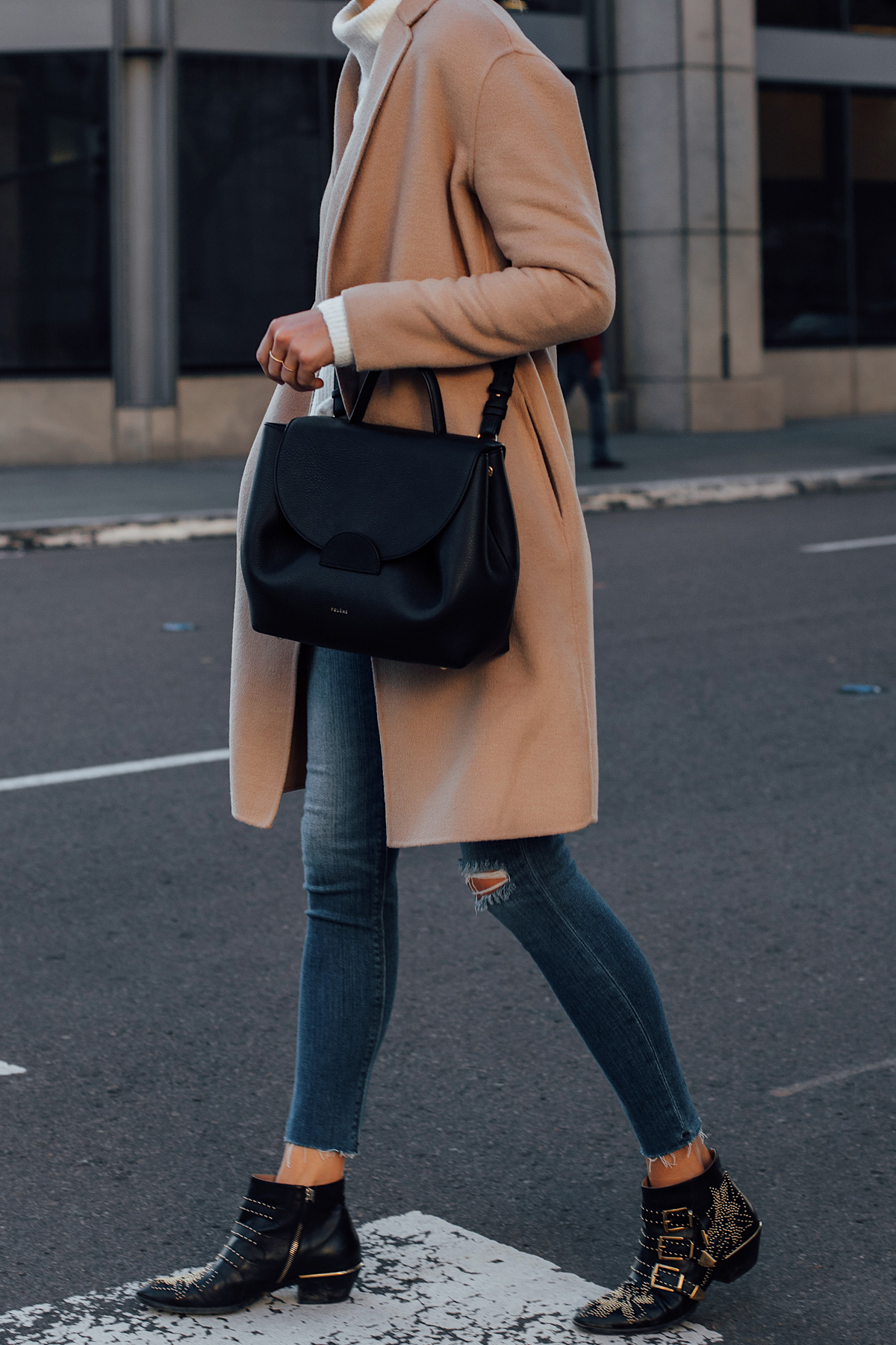 Blonde Woman Wearing AllSaints Camel Coat Denim Skinny Jeans Chloe Susanna Booties Polene Black Handbag Fashion Jackson San Diego Fashion Blogger Street Style