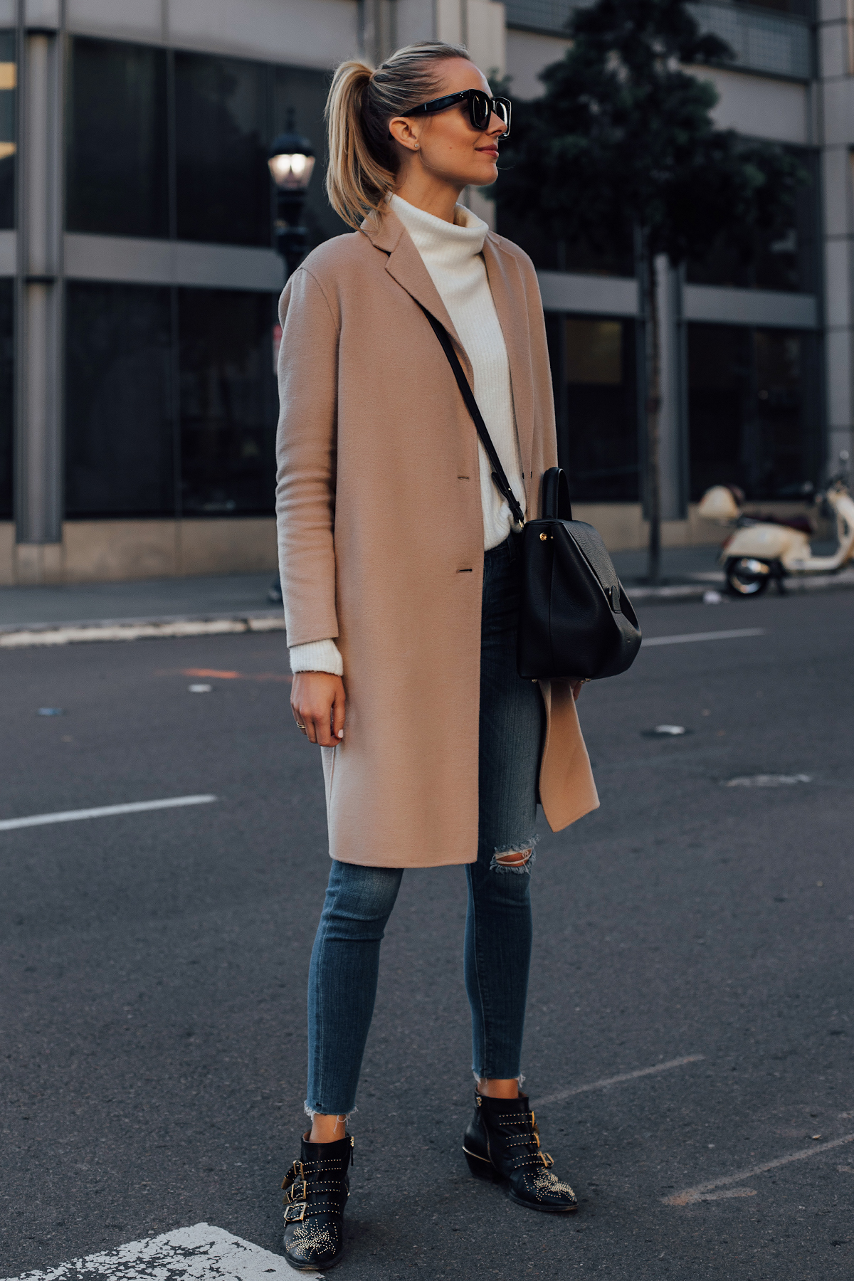 Blonde Woman Wearing AllSaints Camel Coat White Sweater Hudson Denim Ripped Skinny Jeans Chloe Black Susanna Booties Polene Black Handbag Fashion Jackson San Diego Fashion Blogger Street Style