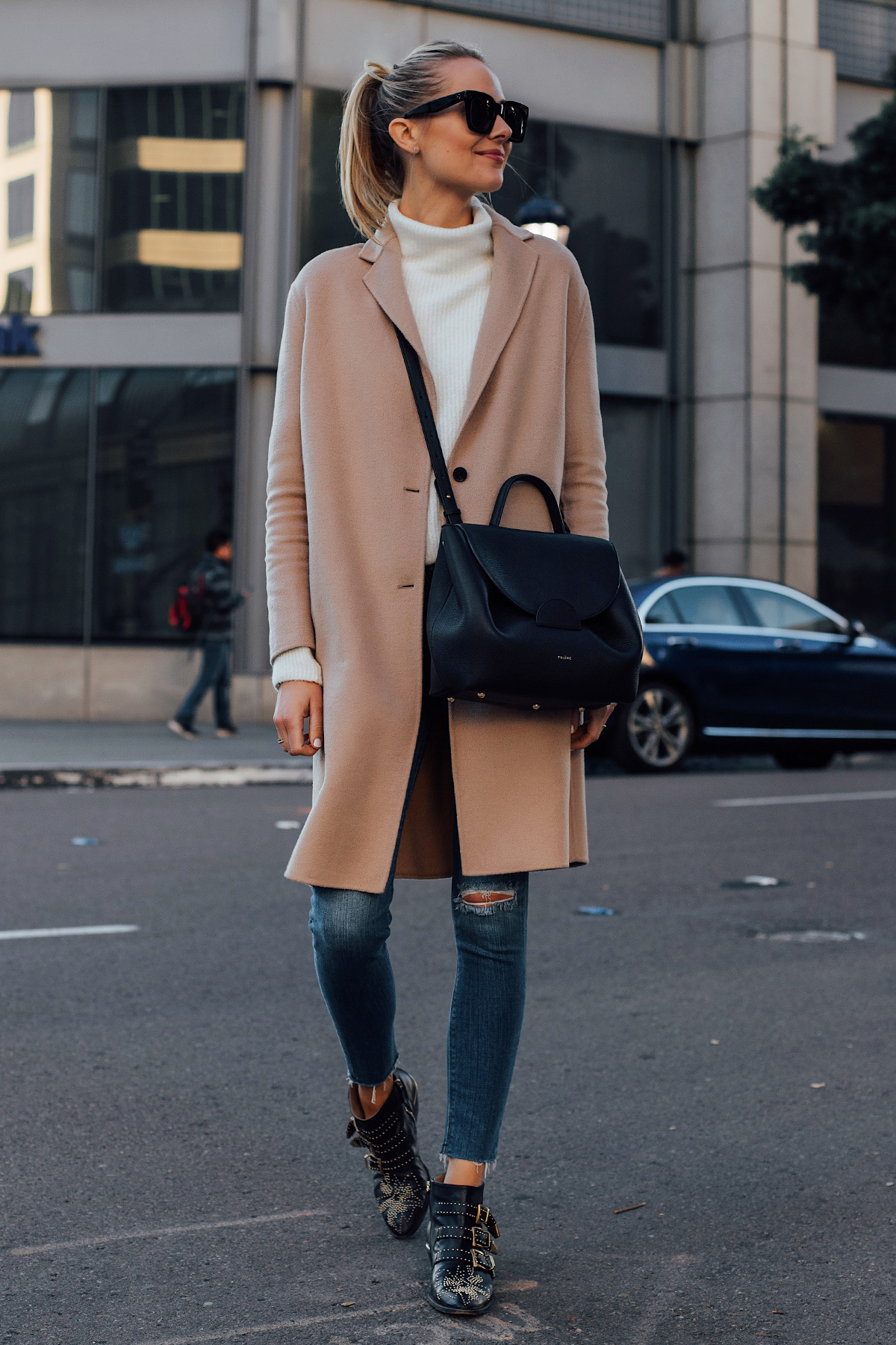 Blonde Woman Wearing AllSaints Camel Coat White Sweater Hudson Ripped Skinny Jeans Chloe Susanna Black Booties Polene Black Handbag Fashion Jackson San Diego Fashion Blogger Street Style