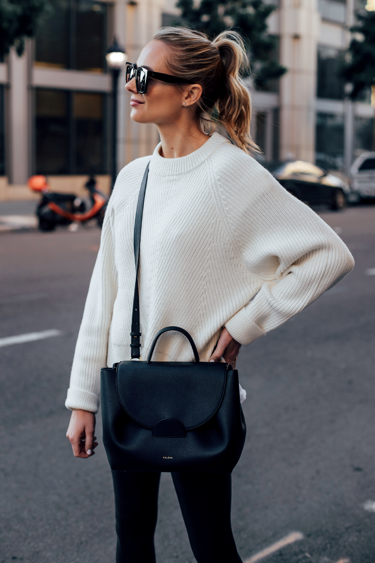 Blonde Woman Wearing Allsaints White Sylvie Sweater Polene Black Number One Handbag Fashion Jackson San Diego Fashion Blogger Street Style