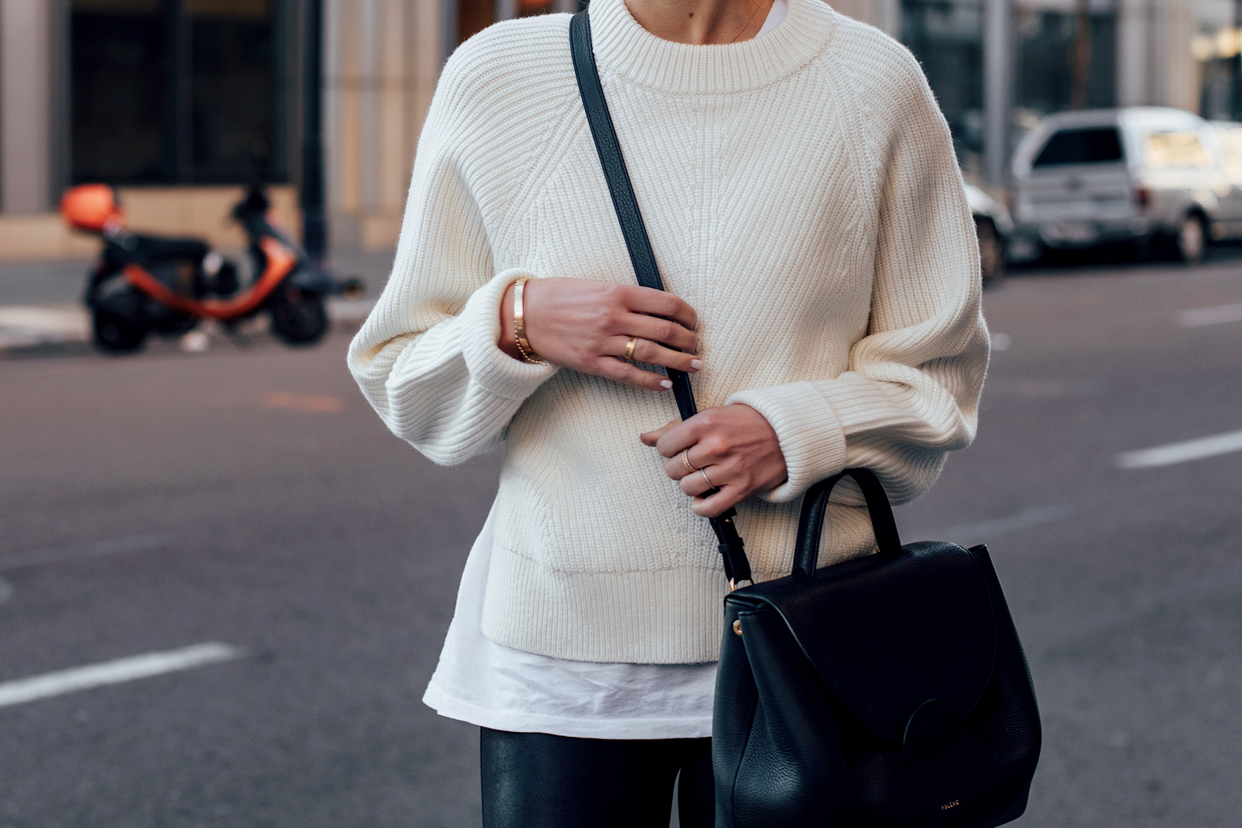 Woman Wearing Allsaints White Sylvie Sweater White Tshirt Black Leggings Polene Paris Black Number One Handbag Fashion Jackson San Diego Fashion Blogger Street Style