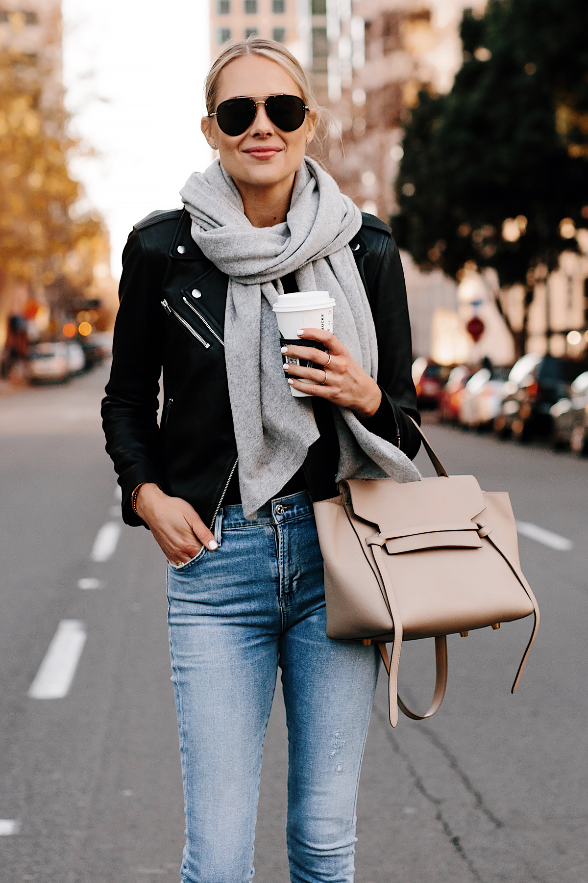 Blonde Woman Wearing Club Monaco Black Leather Jacket Grey Scarf Denim Skinny Jeans Celine Mini Belt Bag Fashion Jackson San Diego Fashion Blogger Street Style