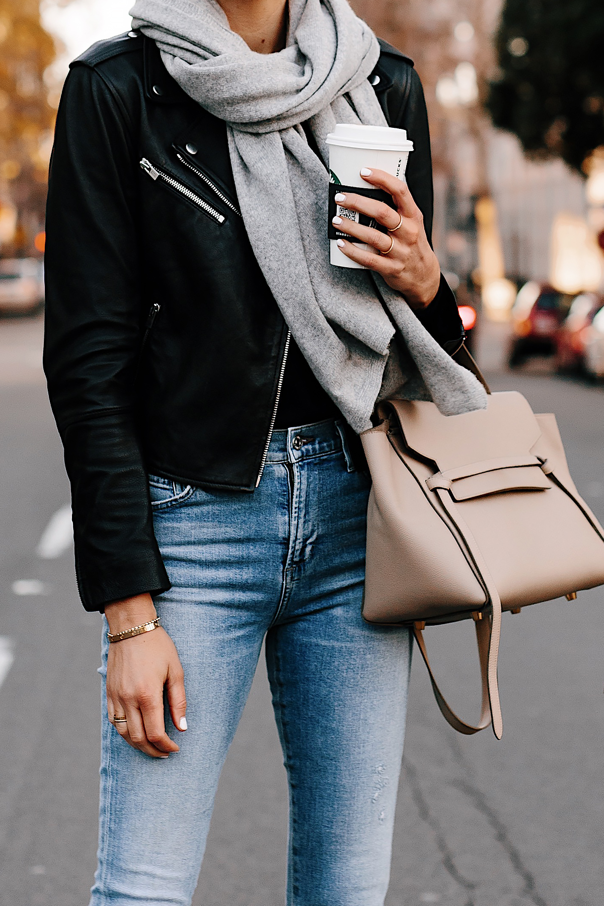 Woman Wearing Club Monaco Black Leather Jacket Grey Scarf Denim Skinny Jeans Celine Mini Belt Bag Fashion Jackson San Diego Fashion Blogger Street Style