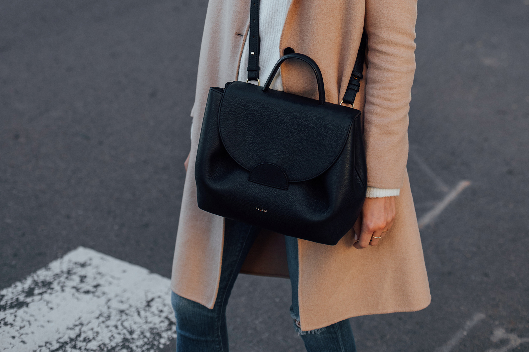 Woman Wearing Polene Black Handbag Camel Coat White Sweater Skinny Jeans Fashion Jackson San Diego Fashion Blogger Street Style