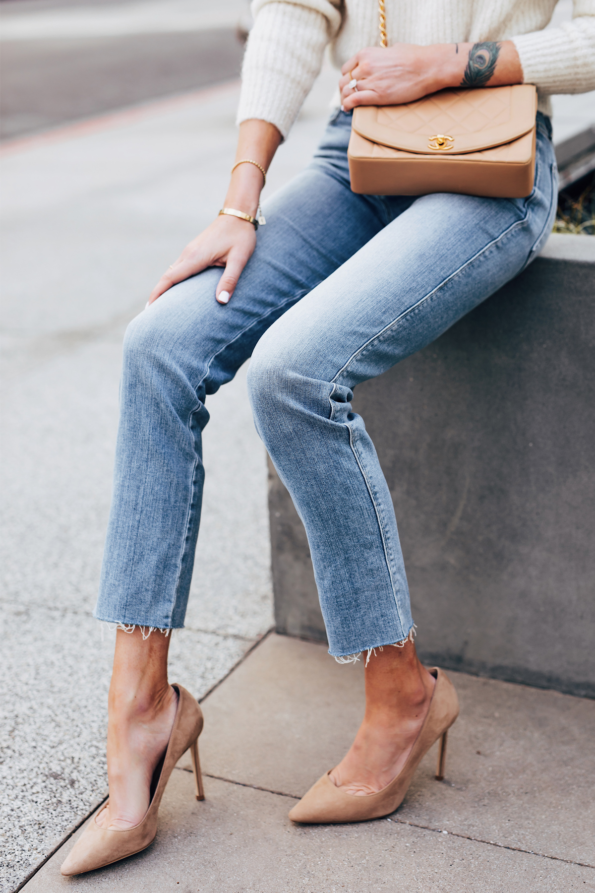 nude heels and matching bag