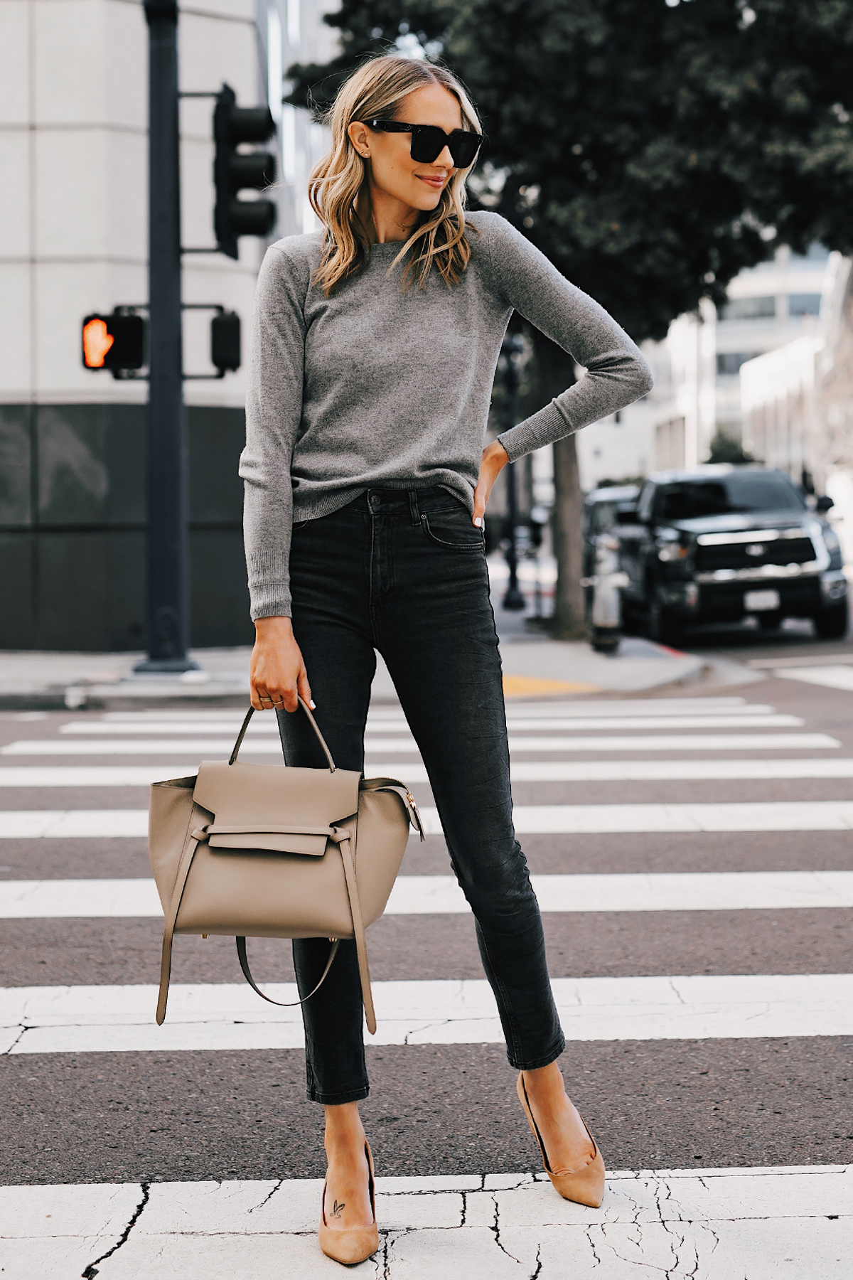 Fashion Jackson Wearing Everlane Grey Cashmere Sweater Anine Bing Grey Jagger Jeans Tan Pumps Celine Mini Belt Bag Taupe