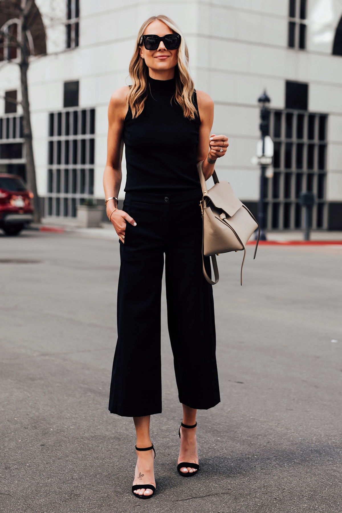 Blonde Woman Wearing Ann Taylor Black Sweater Tank Ann Taylor Black Wide Leg Cropped Pants Black Heeled Sandals Fashion Jackson San Diego Fashion Blogger Street Style