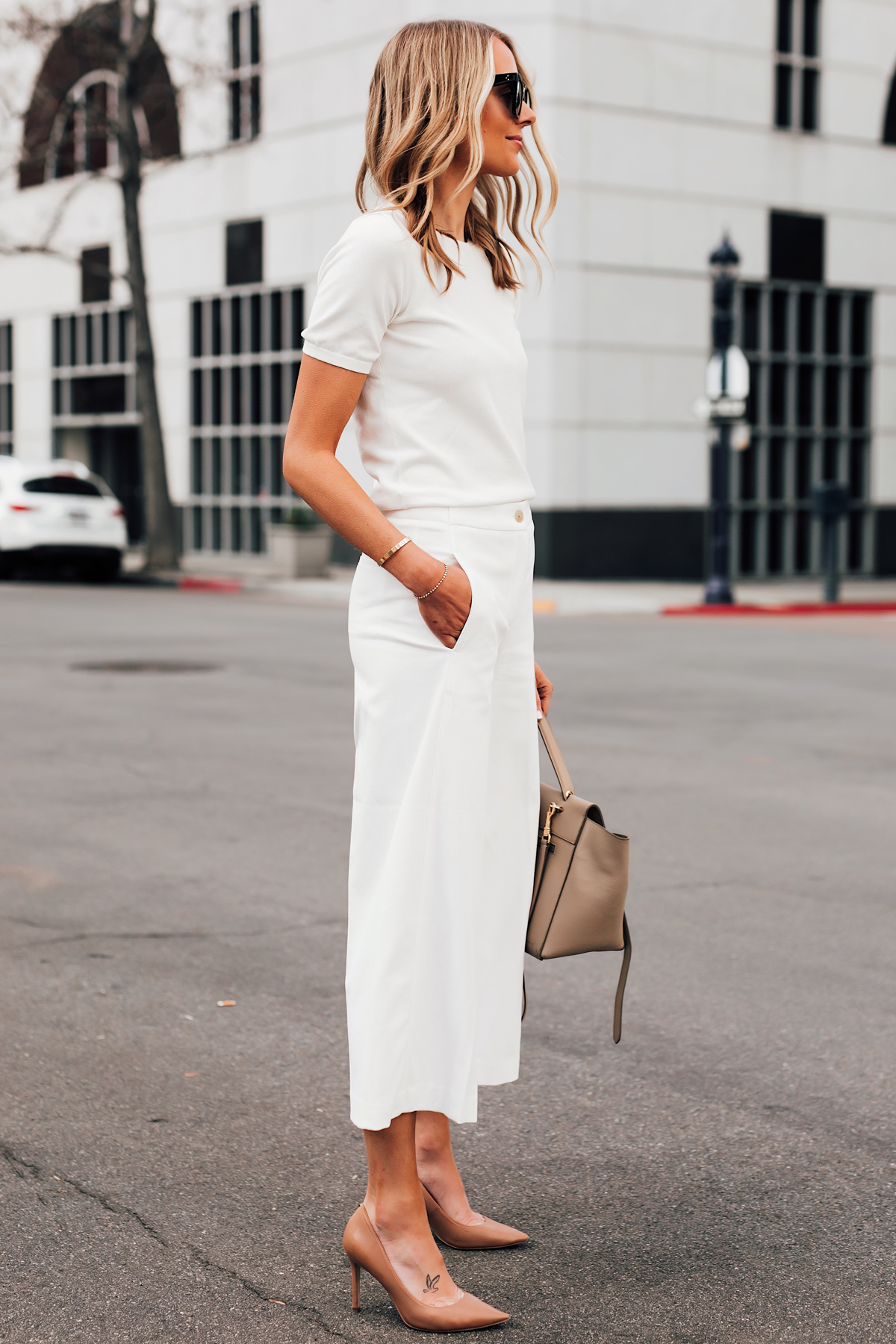 Blonde Woman Wearing Ann Taylor White Short Sleeve Sweater Ann Taylor White Wide Leg Cropped Pants Nude Pumps Fashion Jackson San Diego Fashion Blogger Street Style