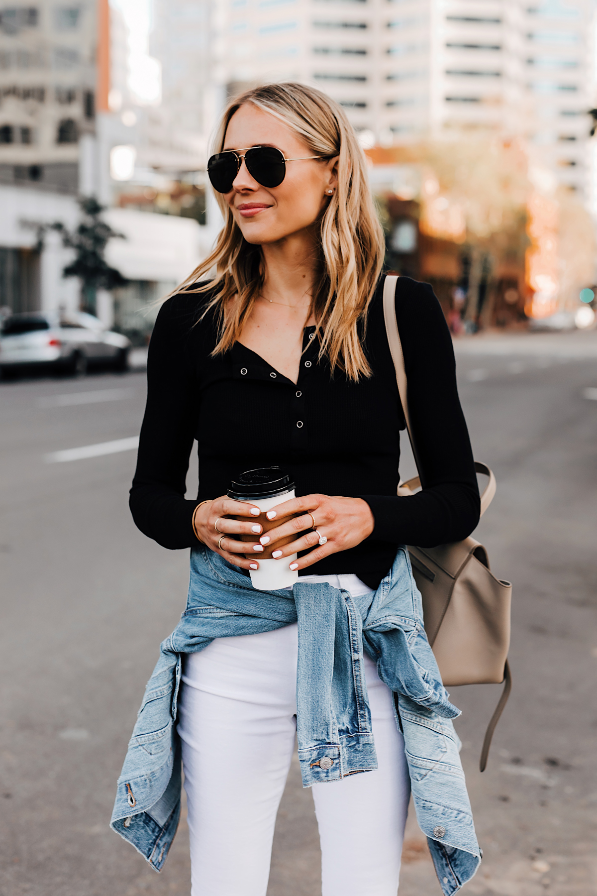 Blonde Woman Wearing Black Henley Joes Jeans White Skinny Jeans Levis Denim Jacket Aviator Sunglasses Fashion Jackson San Diego Fashion Blogger Street Style