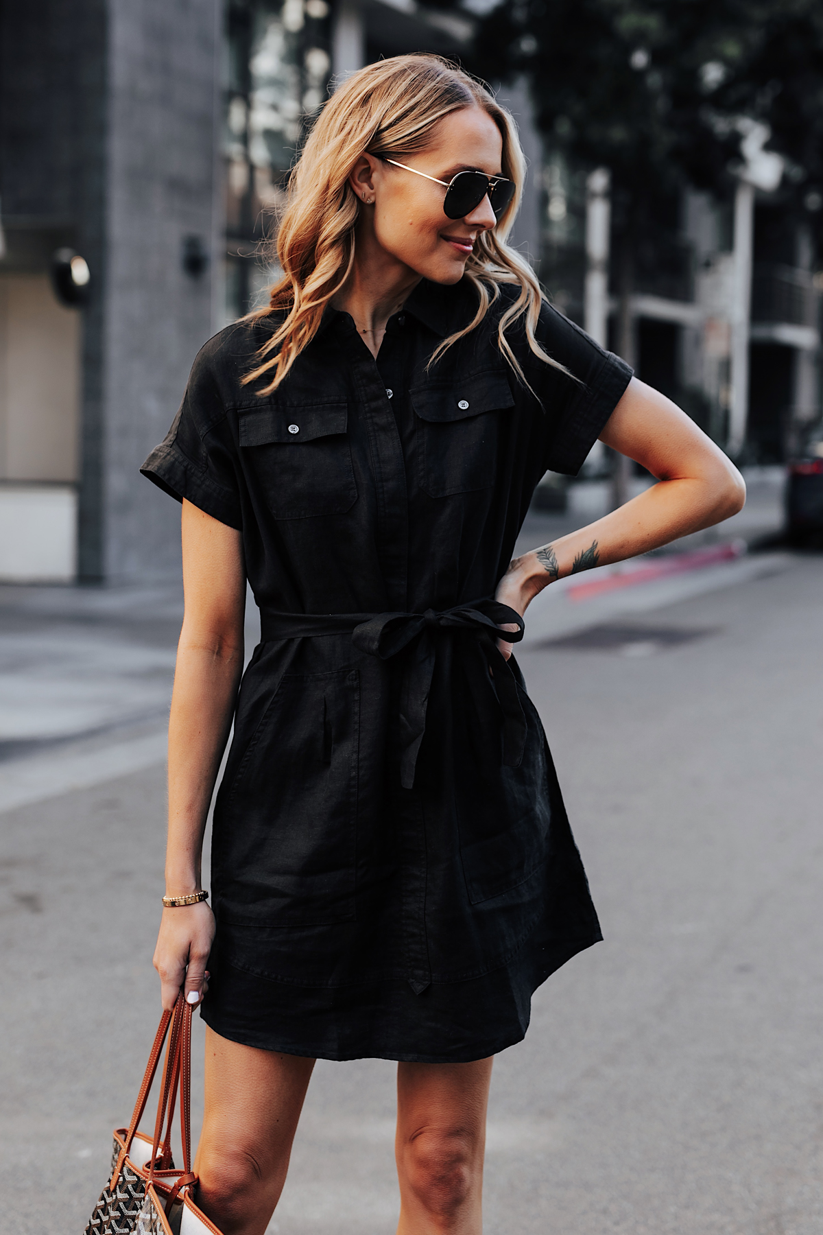 Blonde Woman Wearing Black Short Sleeve Shirt Dress Aviator Sunglasses Fashion Jackson San Diego Fashion Blogger Street Style