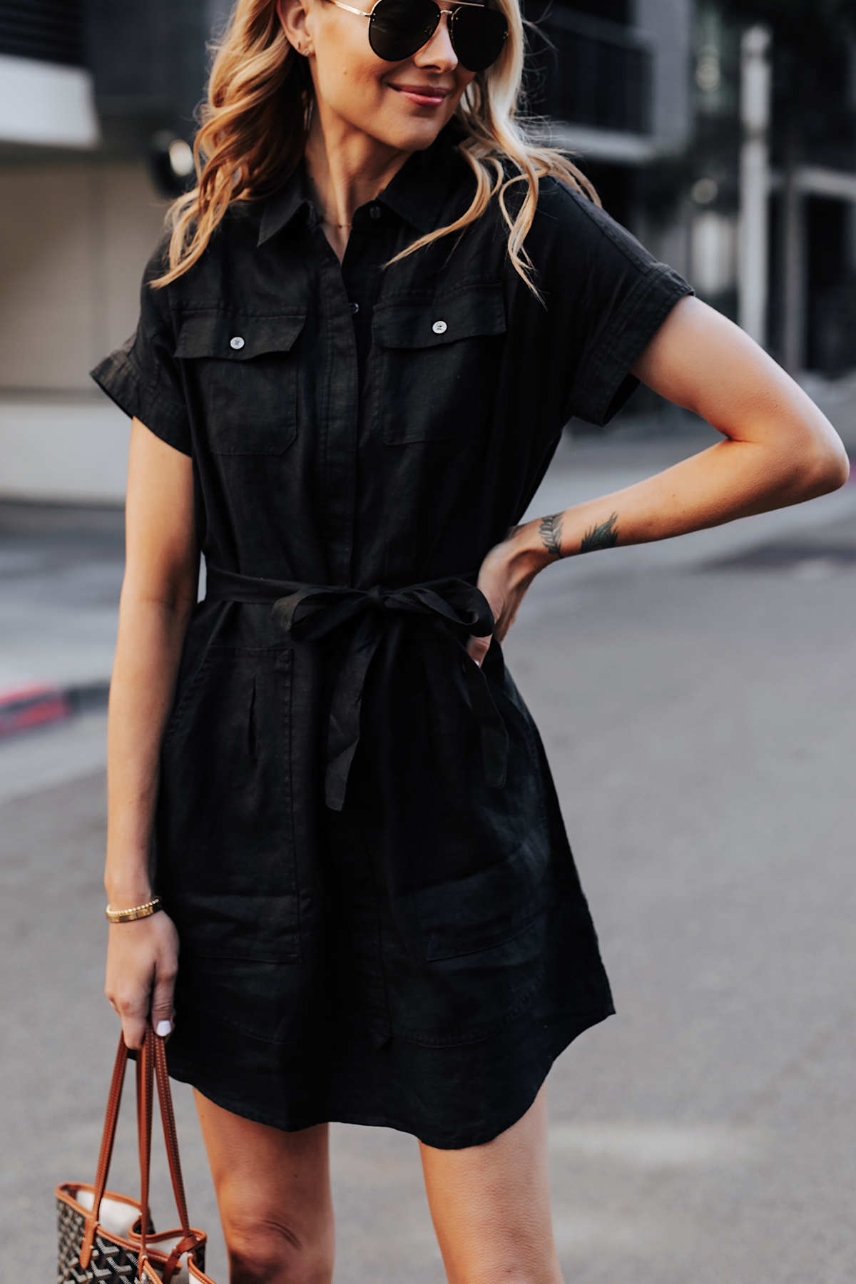 Blonde Woman Wearing Black Short Sleeve Shirt Dress Aviator Sunglasses Fashion Jackson San Diego Fashion Blogger Street Style