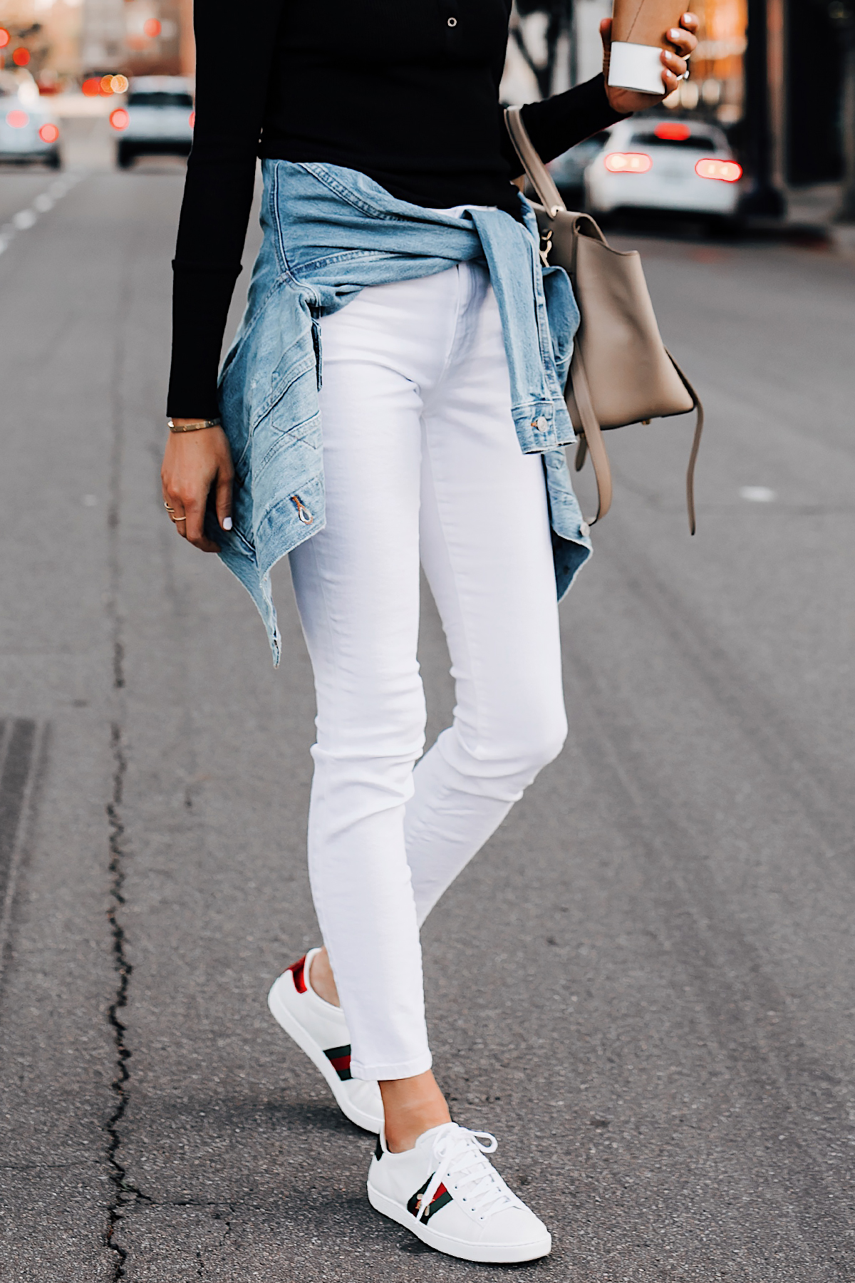 White Jeans + Gucci Ace Sneakers Outfit 