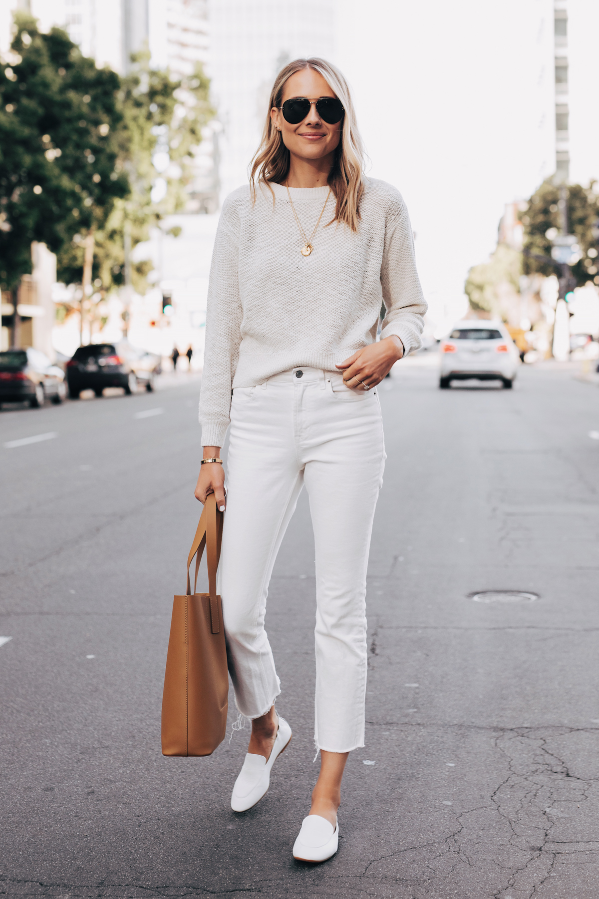 Blonde Woman Wearing Everlane Sand Cotton Linen Crew White Cropped Jeans White Day Loafer Tan Tote Fashion Jackson San Diego Fashion Blogger Street Style