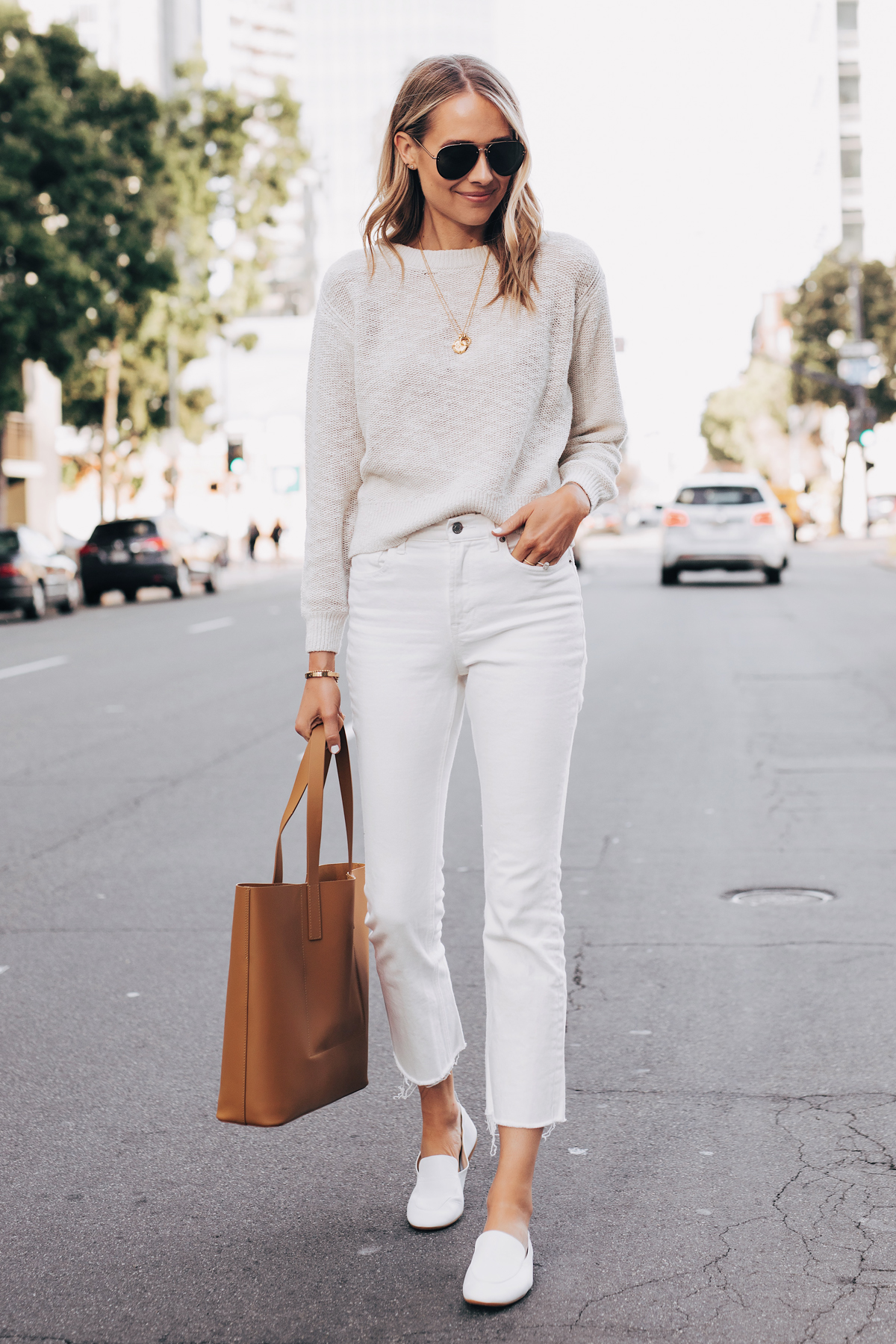 Blonde Woman Wearing Everlane Sand Cotton Linen Crew White Cropped Jeans White Day Loafer Tan Tote Fashion Jackson San Diego Fashion Blogger Street Style