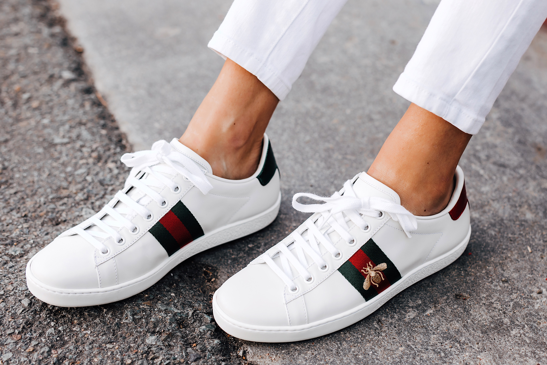 White Jeans + Gucci Ace Sneakers Outfit - Fashion Jackson