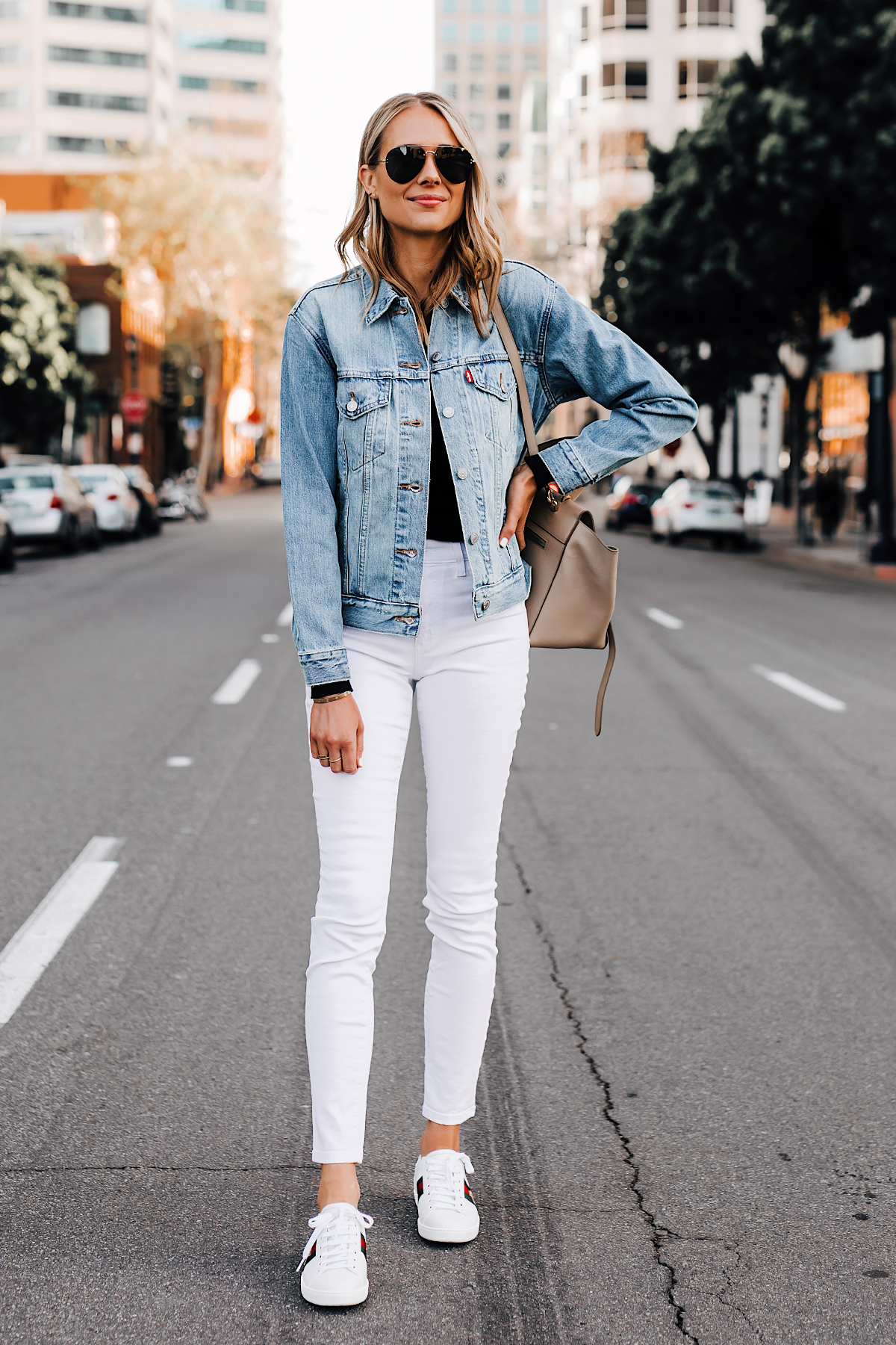 White Jeans + Gucci Ace Sneakers Outfit 