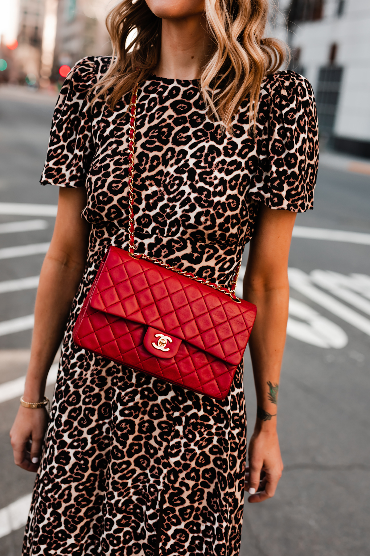 Blonde Woman Wearing Leopard Dress Red Chanel Handbag Fashion Jackson San Diego Fashion Blogger Street Style