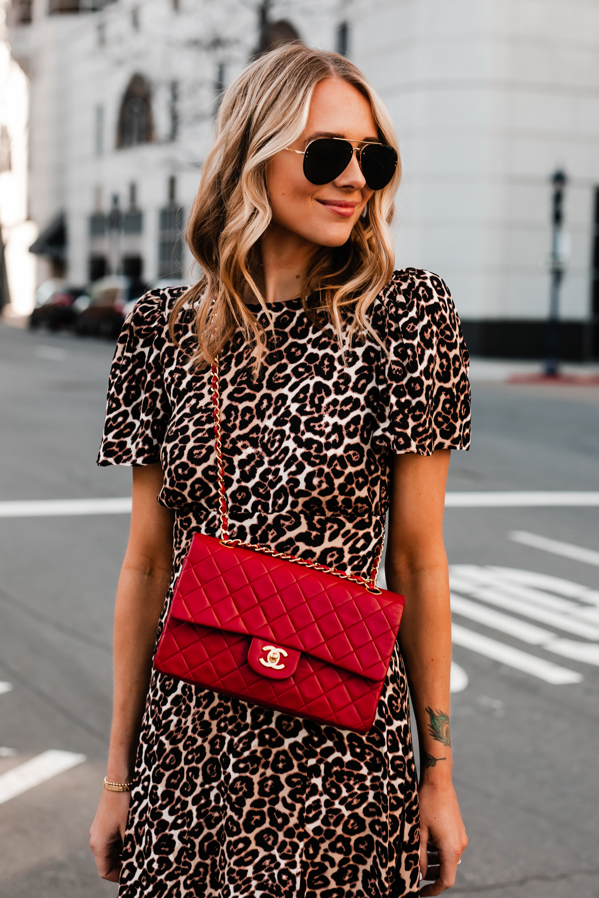 Blonde Woman Wearing Leopard Dress Red Chanel Handbag Fashion Jackson San Diego Fashion Blogger Street Style